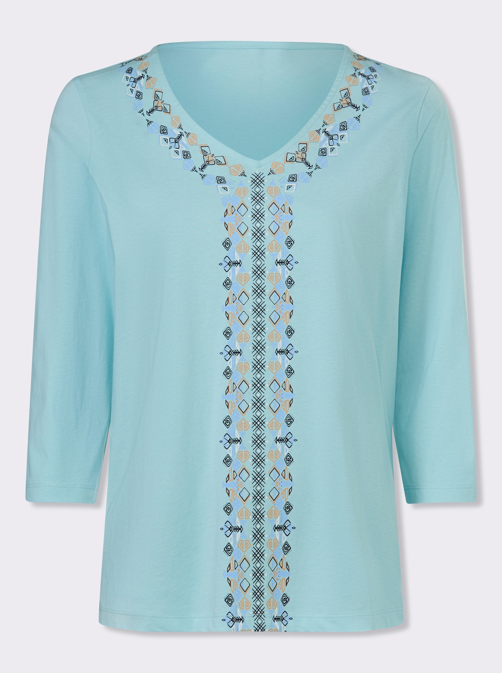 Shirt met 3/4-mouwen en etnoprint - aquamarijn/camel