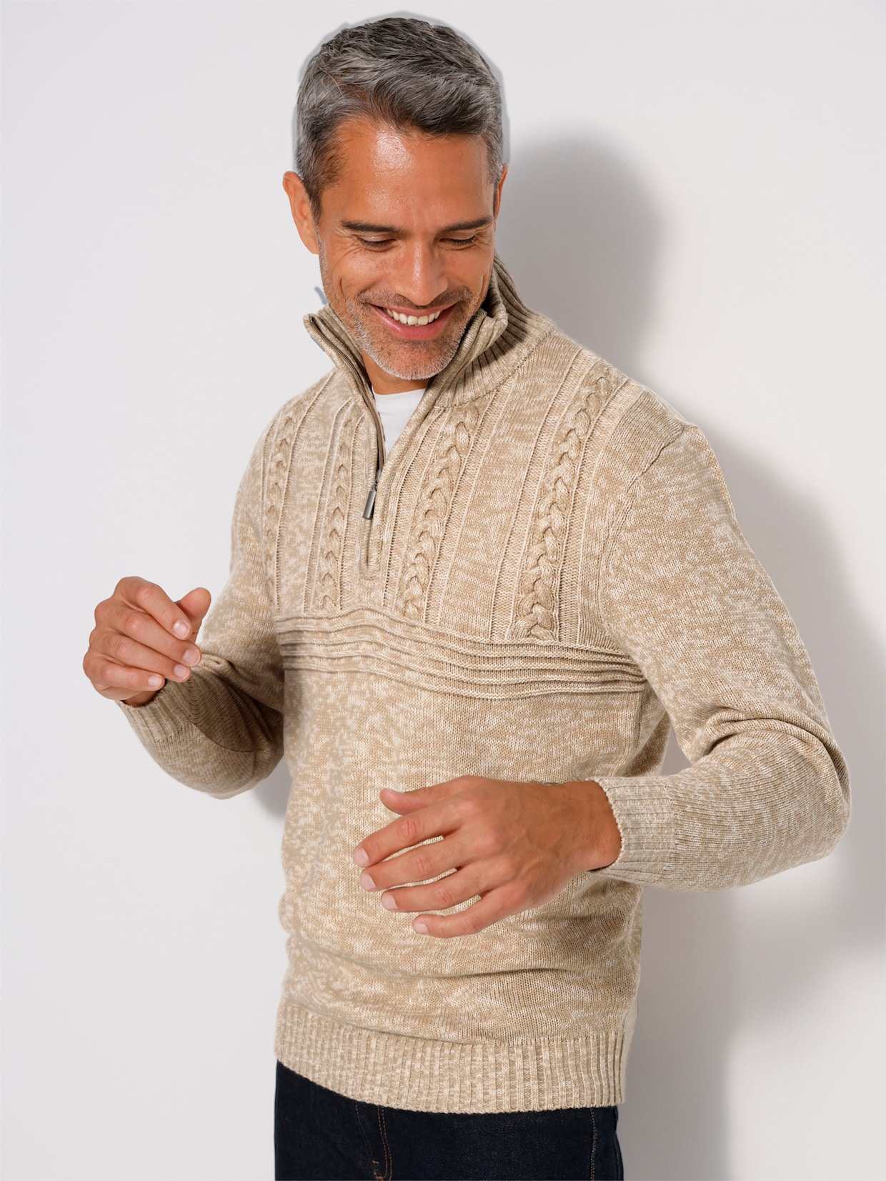 Langarm-Pullover mit platziertem Zopfmuster - beige-meliert