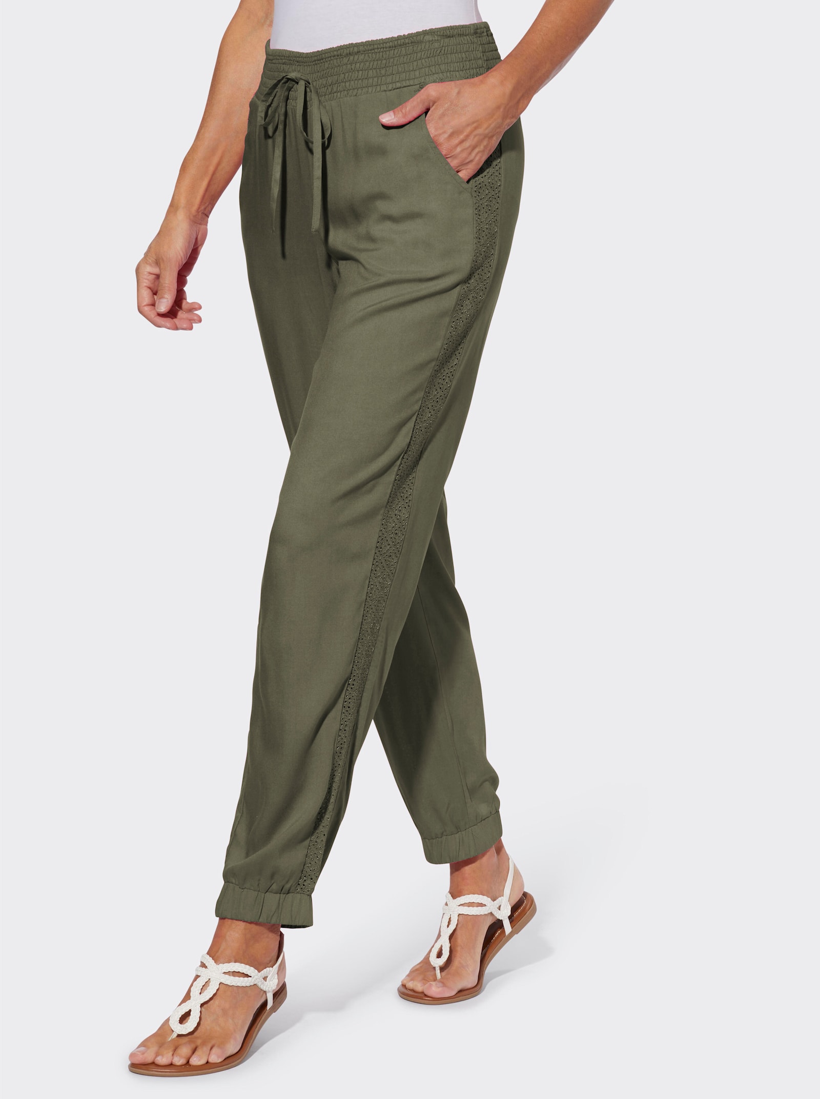 Schlupfhose mit Spitzen-Details - khaki