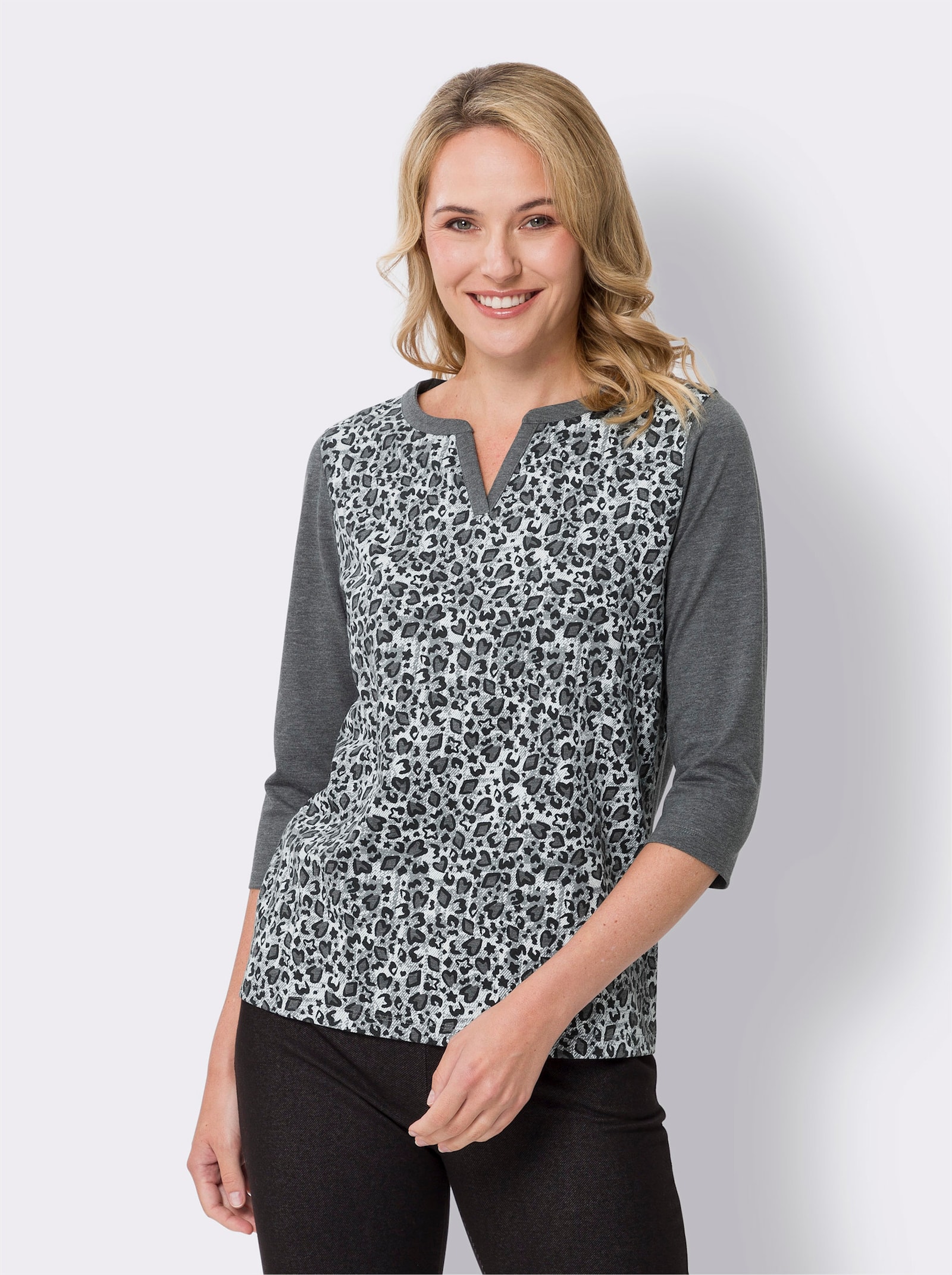 Shirt met 3/4-mouwen en dierenprint - antraciet gemêleerd/zwart bedrukt