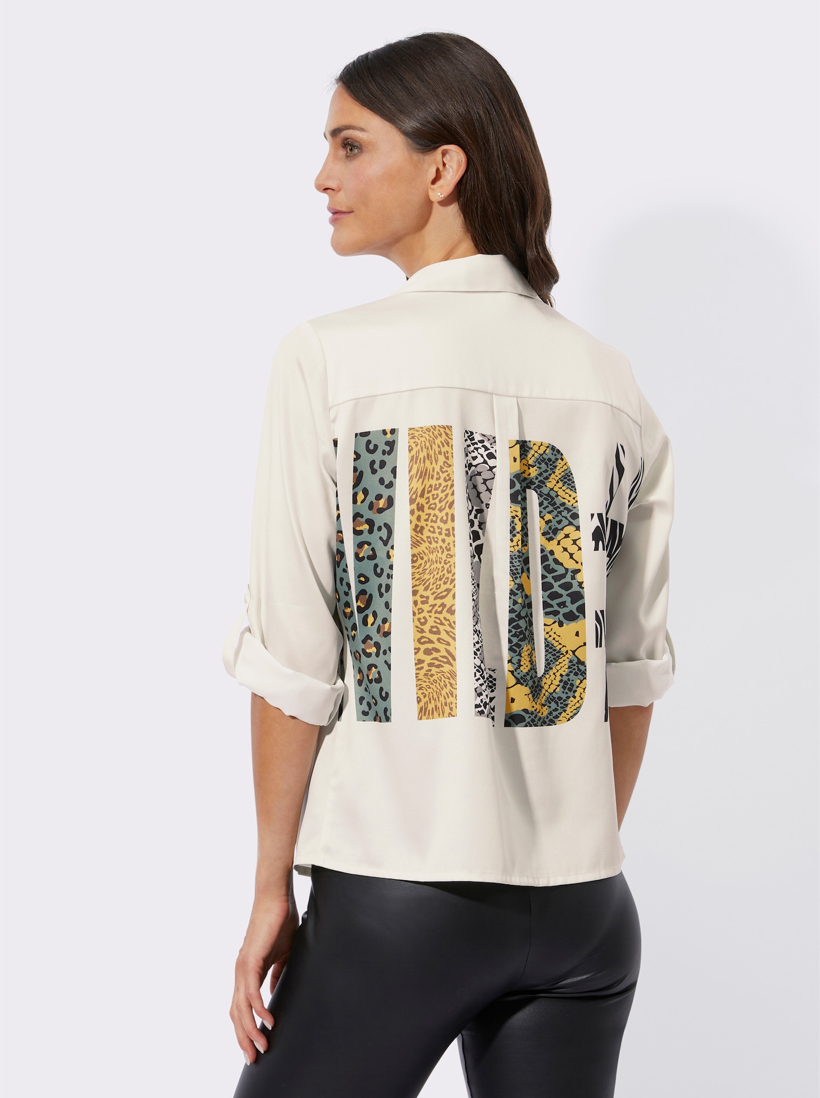 Schlupf-Bluse mit Animal-Schriftzug - champagner-khaki-bedruckt