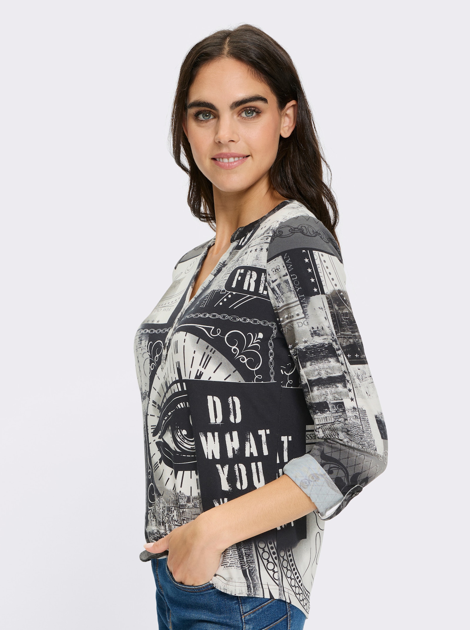 heine Blusenshirt mit kurzer Knopfleiste - weiß-schwarz-bedruckt