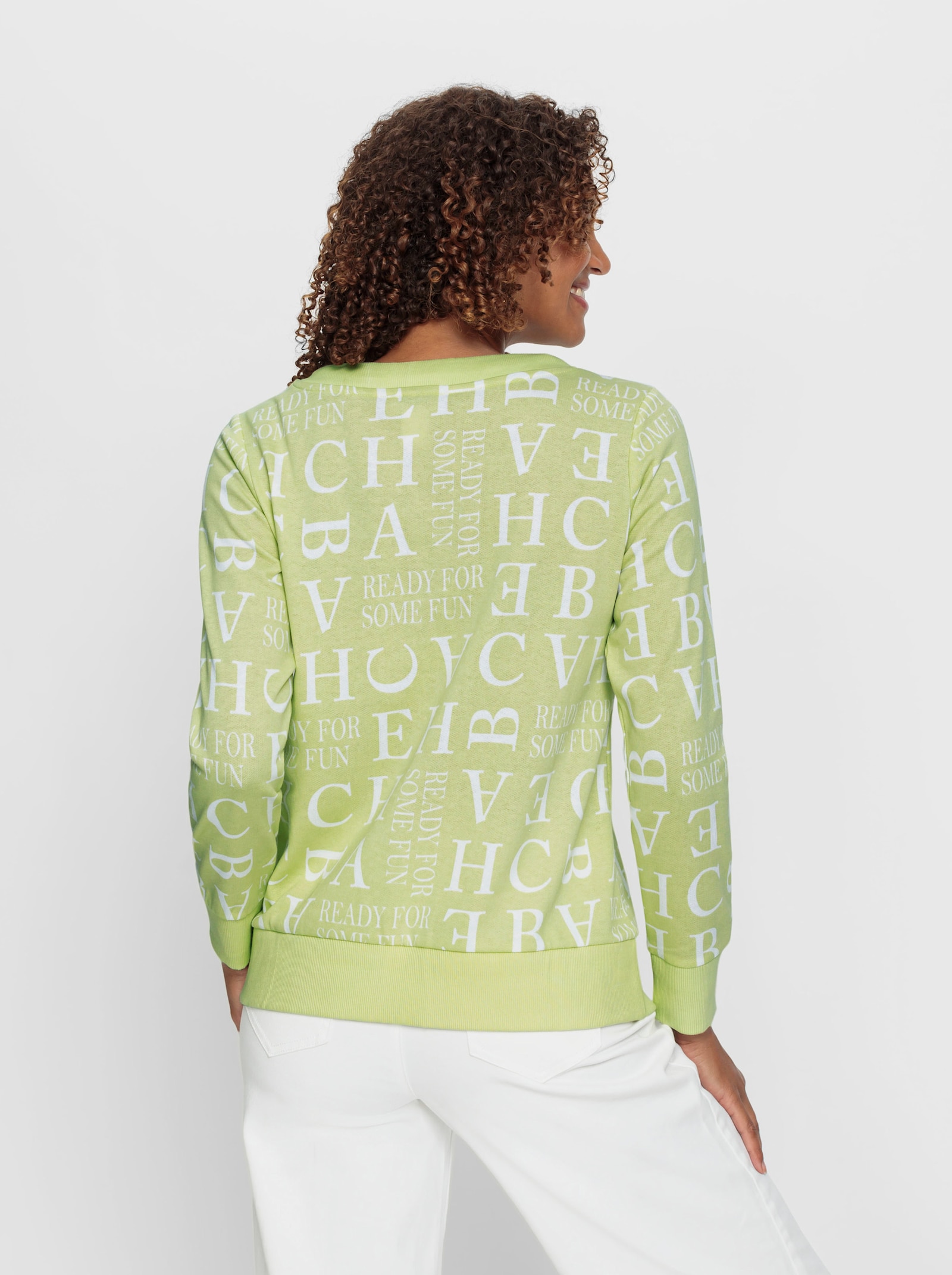 Sweatshirt mit Kordeldurchzug am Ausschnitt - pistazie-ecru-bedruckt