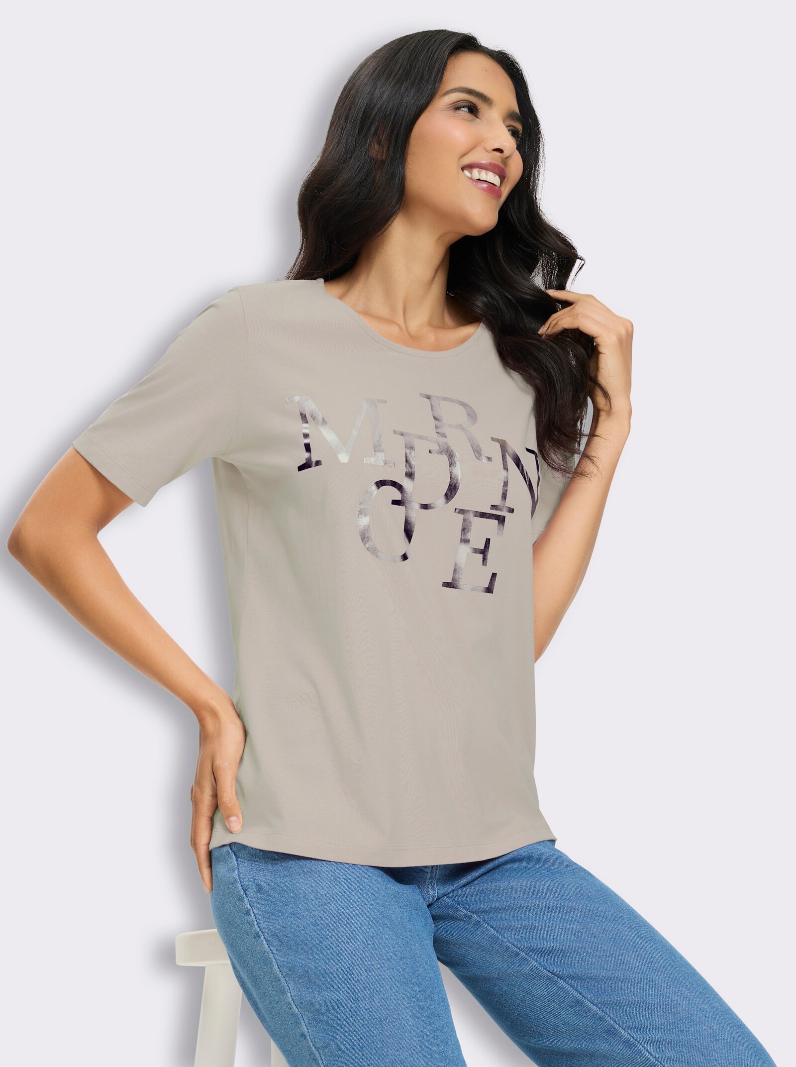 Kurzarmshirt mit Lettering-Folienprint - hellgrau