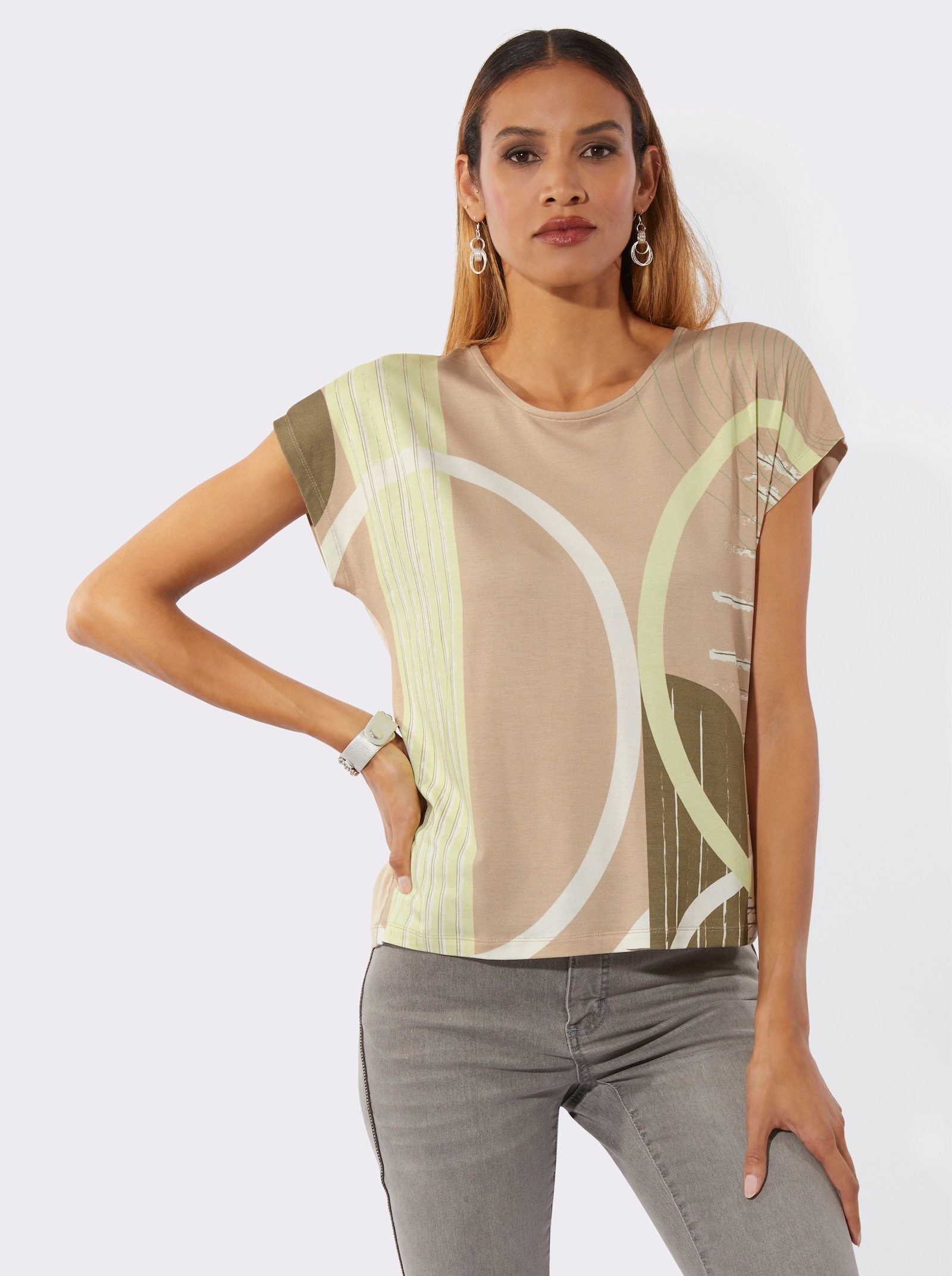 Rundhalsshirt mit platziertem Druckmuster - beige-pistazie-bedruckt