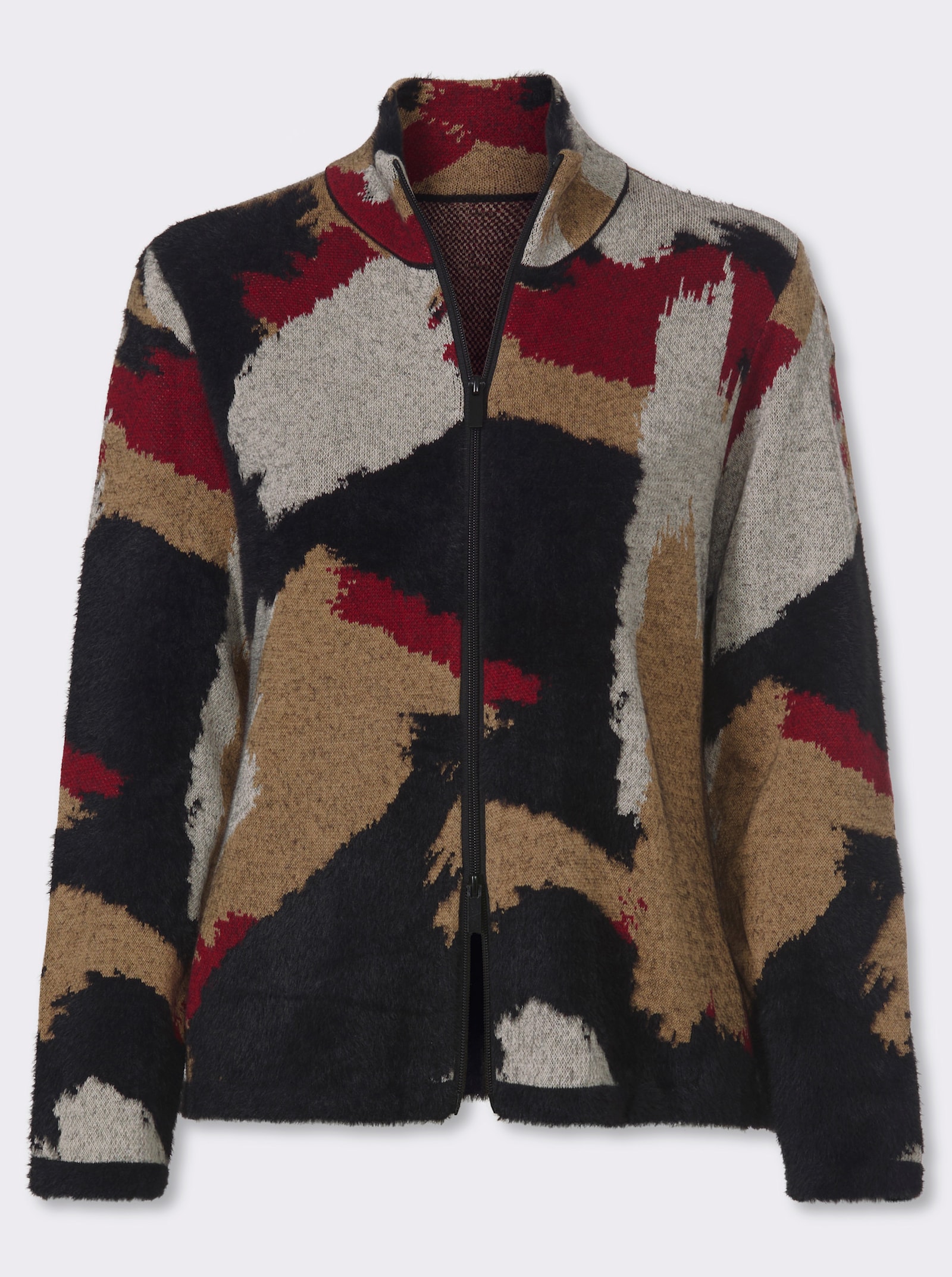 heine Jacquardstrickjacke mit 2-Wege-Zipper - schwarz-kirsche-gemustert