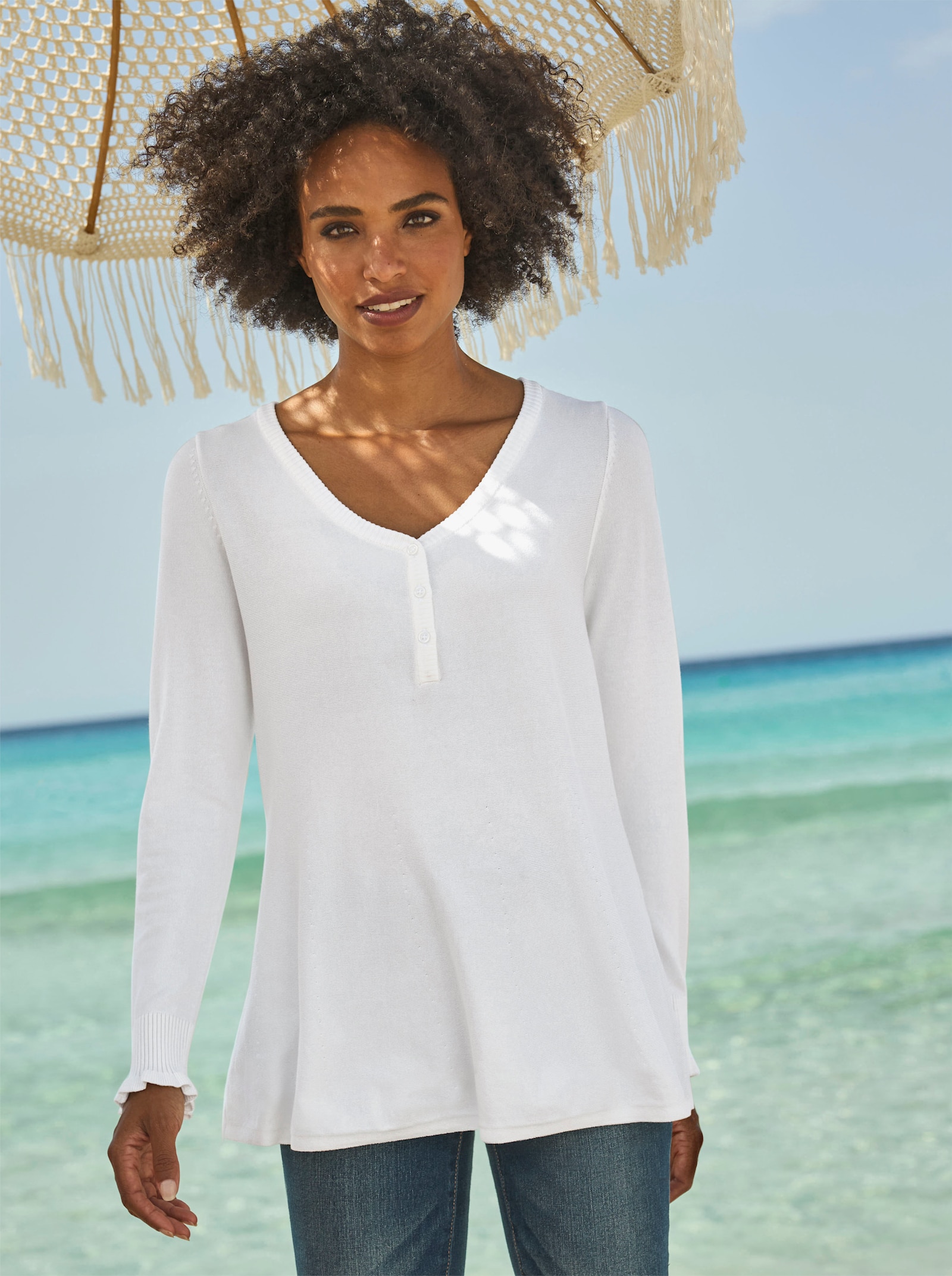 heine Longpullover Mit V-Ausschnitt, gerippt - ecru