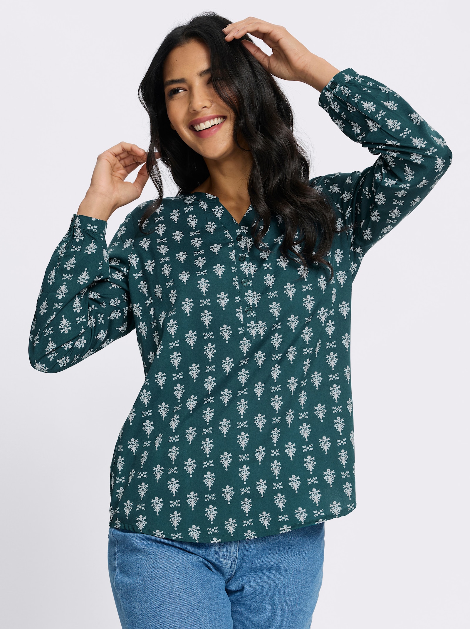 Schlupfbluse mit kurzer Knopfleiste - petrol-ecru-bedruckt