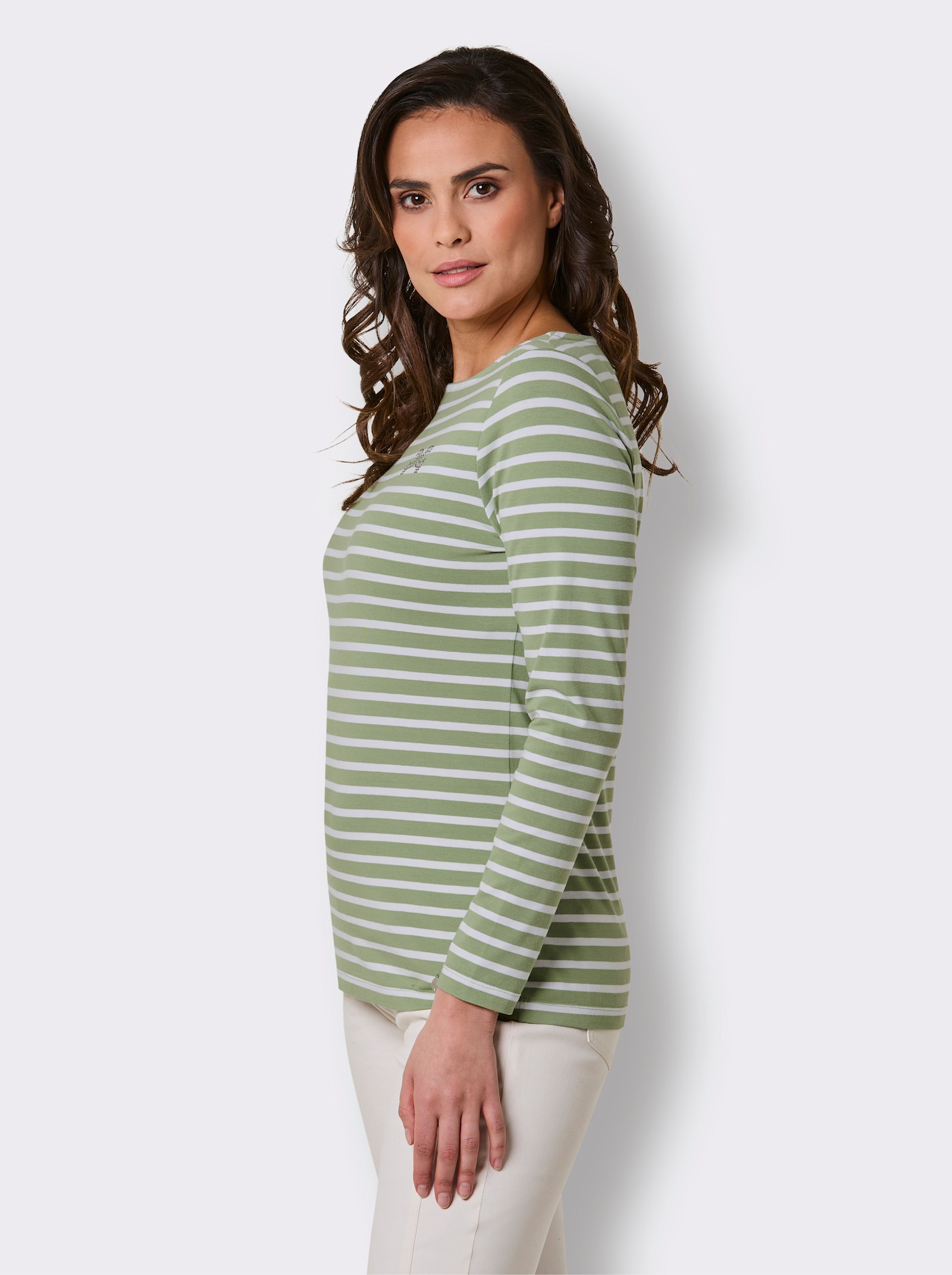 CREATION L PREMIUM Ringelshirt mit Strass-Steinchen - eucalyptus-weiß-geringelt