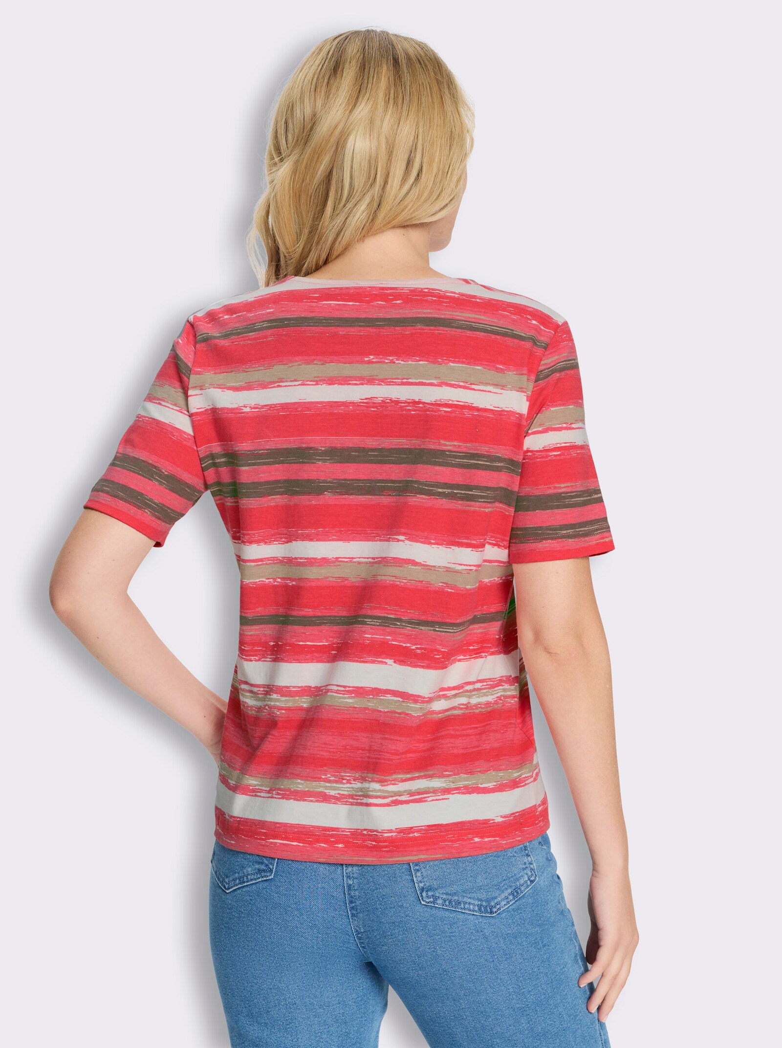 Kurzarmshirt mit verwischtem Streifenmuster - flamingo-bedruckt