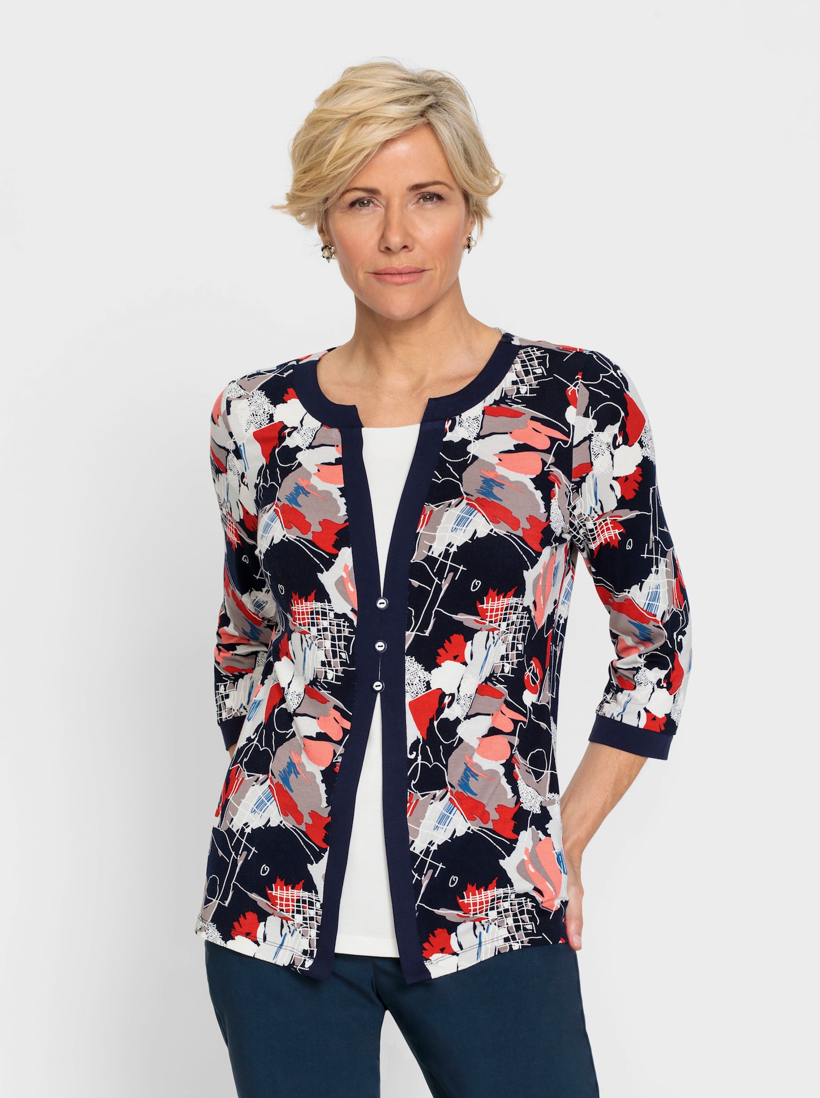 2-in-1-Shirt mit Einsatz vorne - marine-koralle-bedruckt