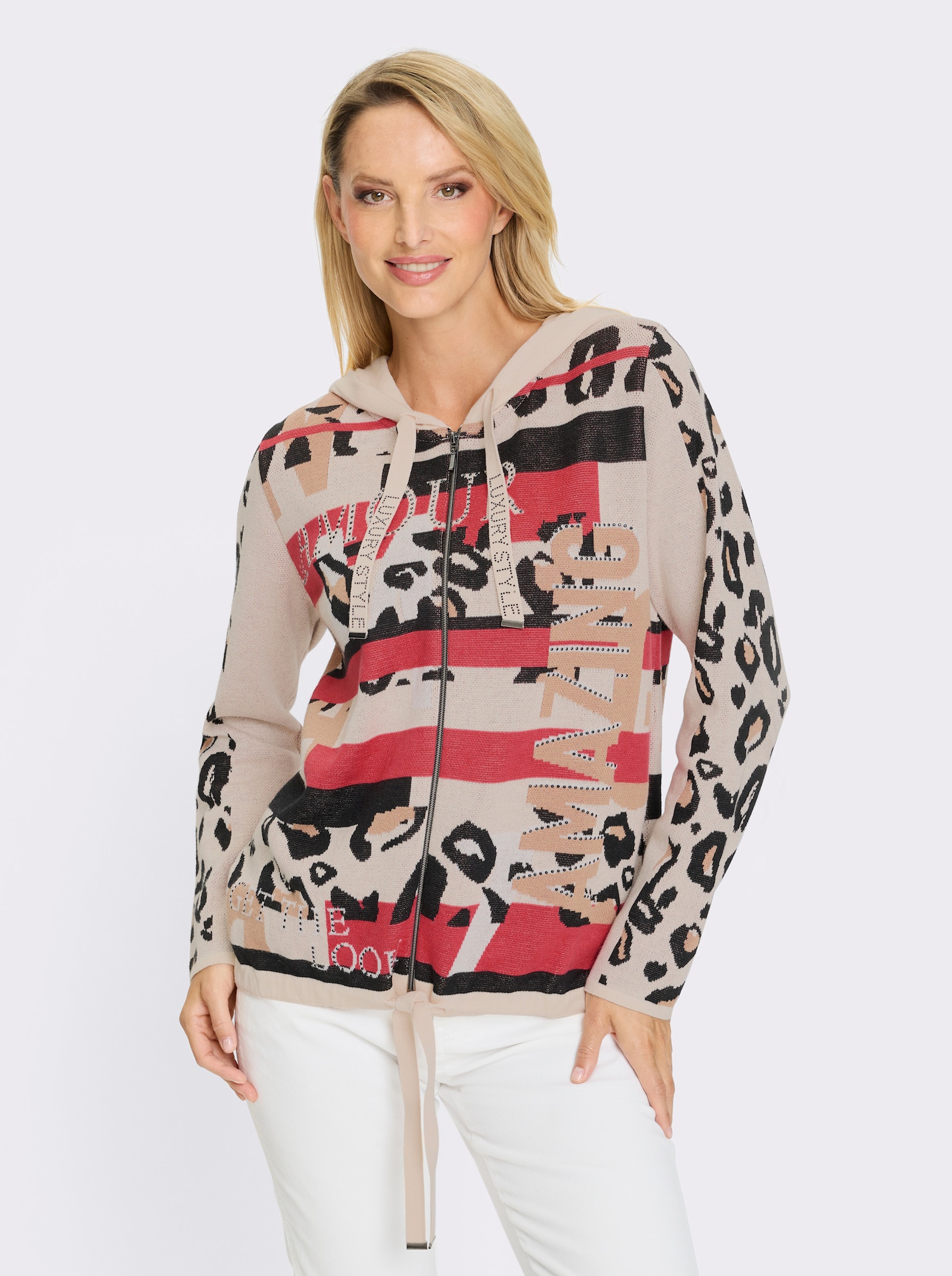 heine Jacquardstrickjacke Mit Glitzersteinchen - camel-schwarz-gemustert