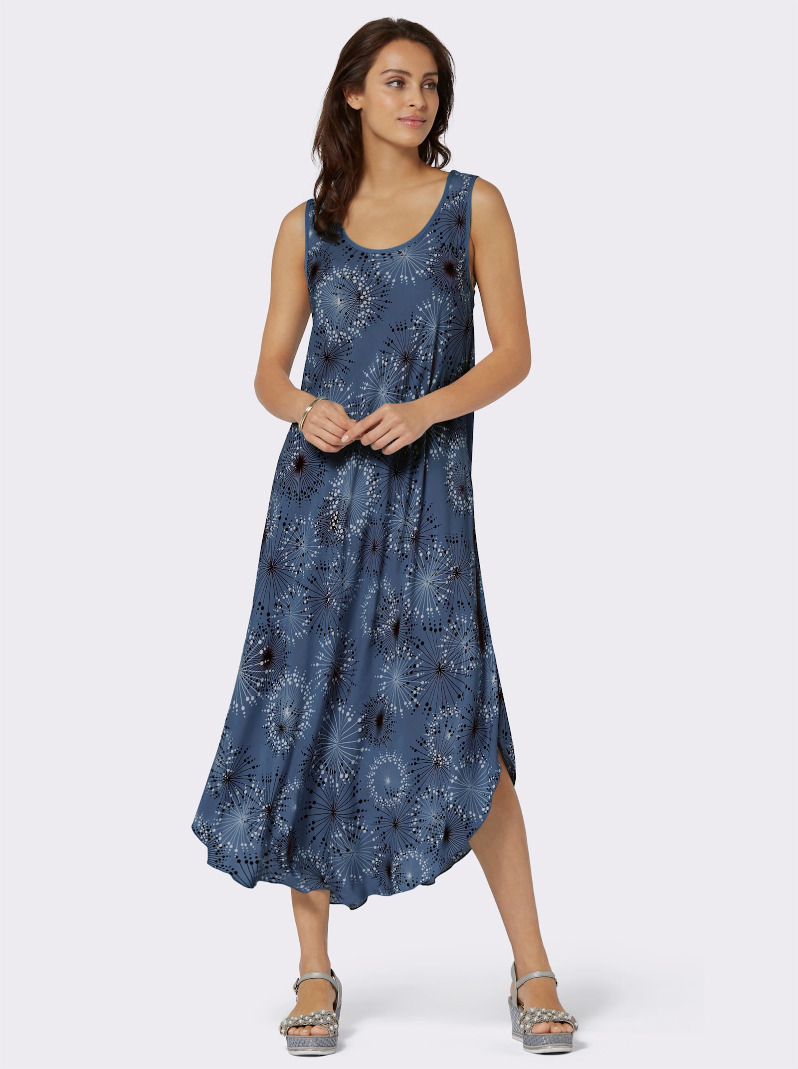 Šaty s potiskem s kvetinovým vzorem, volnejší strih - kouřová modrá-grafitová-potisk