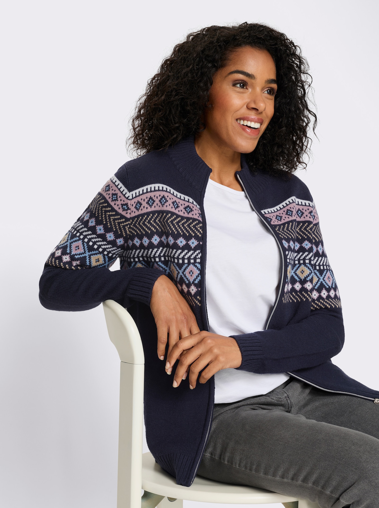 Jacquardstrickjacke mit durchgehendem Reissverschluss - marine-mauve-gemustert