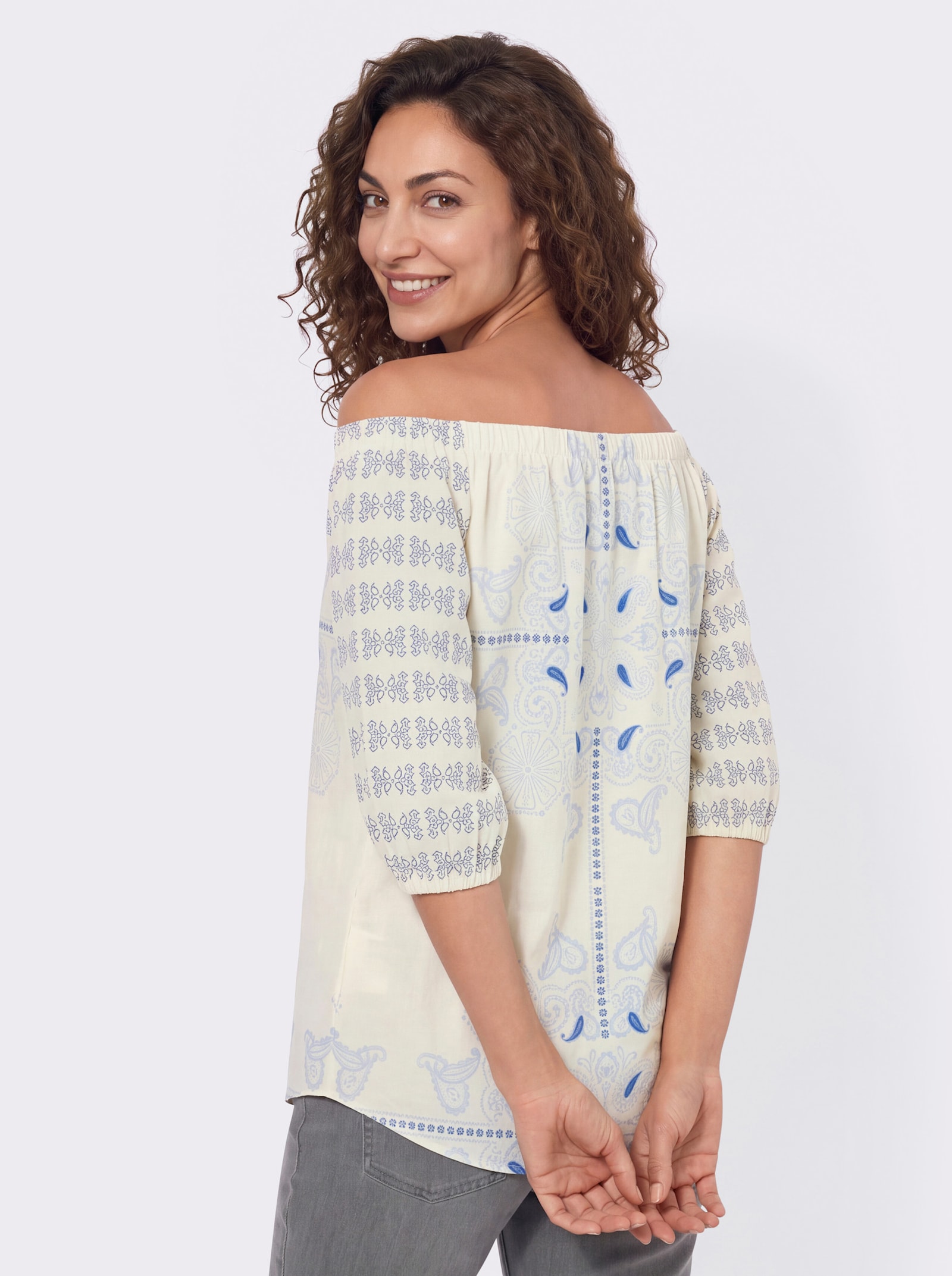 Print-Shirt mit Carmen-Ausschnitt - mittelblau-champagner-bedruckt