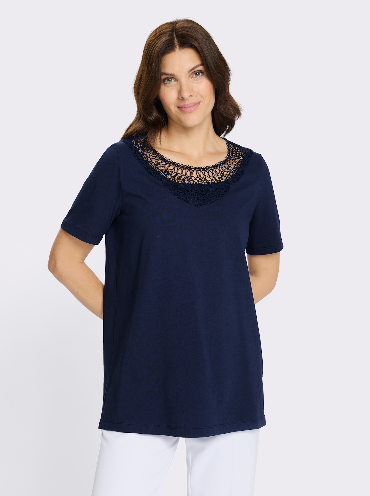 Longshirt mit Spitzeneinsatz - marine