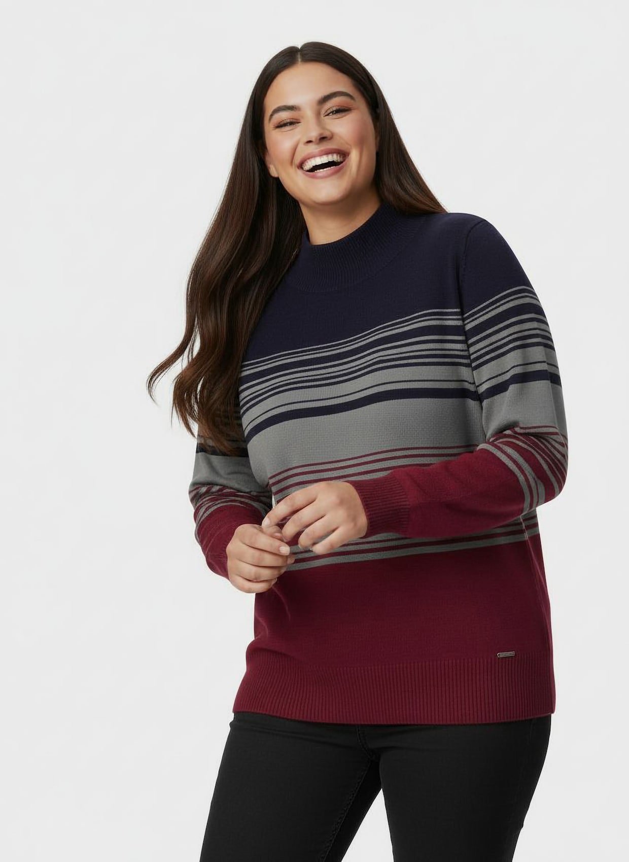 Stehkragenpullover mit Streifen - dunkelrot-grau-gestreift