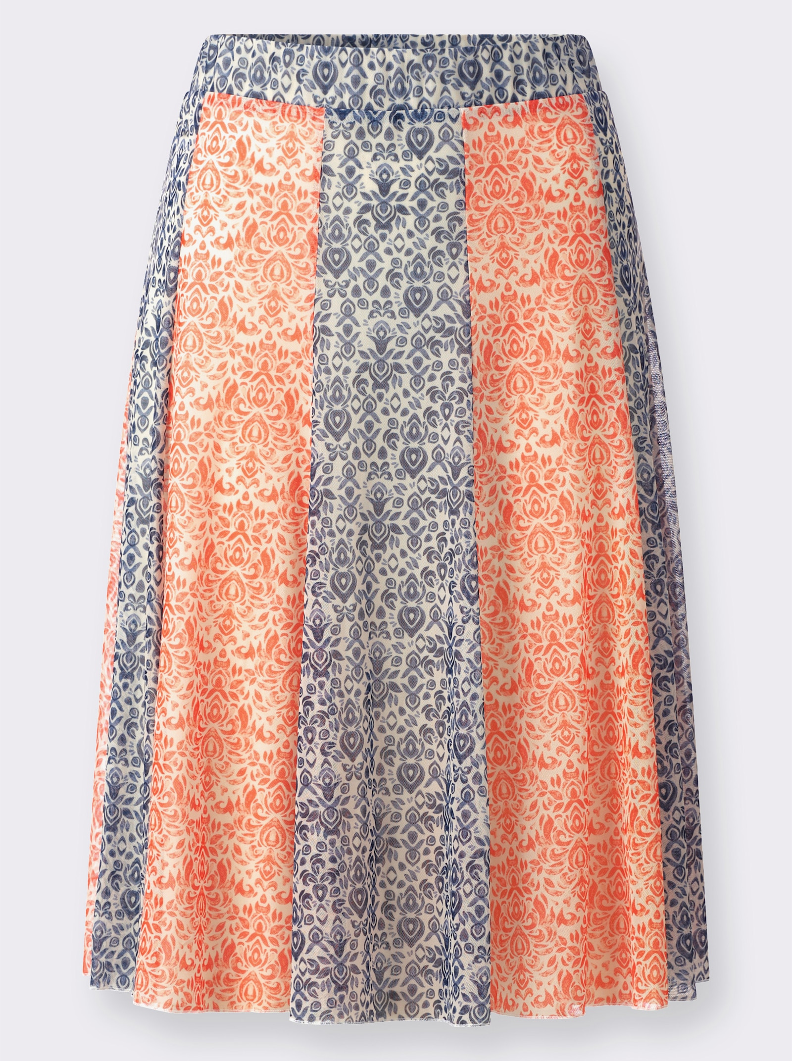 heine Bahnenrock in Mesh-Qualität - orange-taubenblau-bedruckt