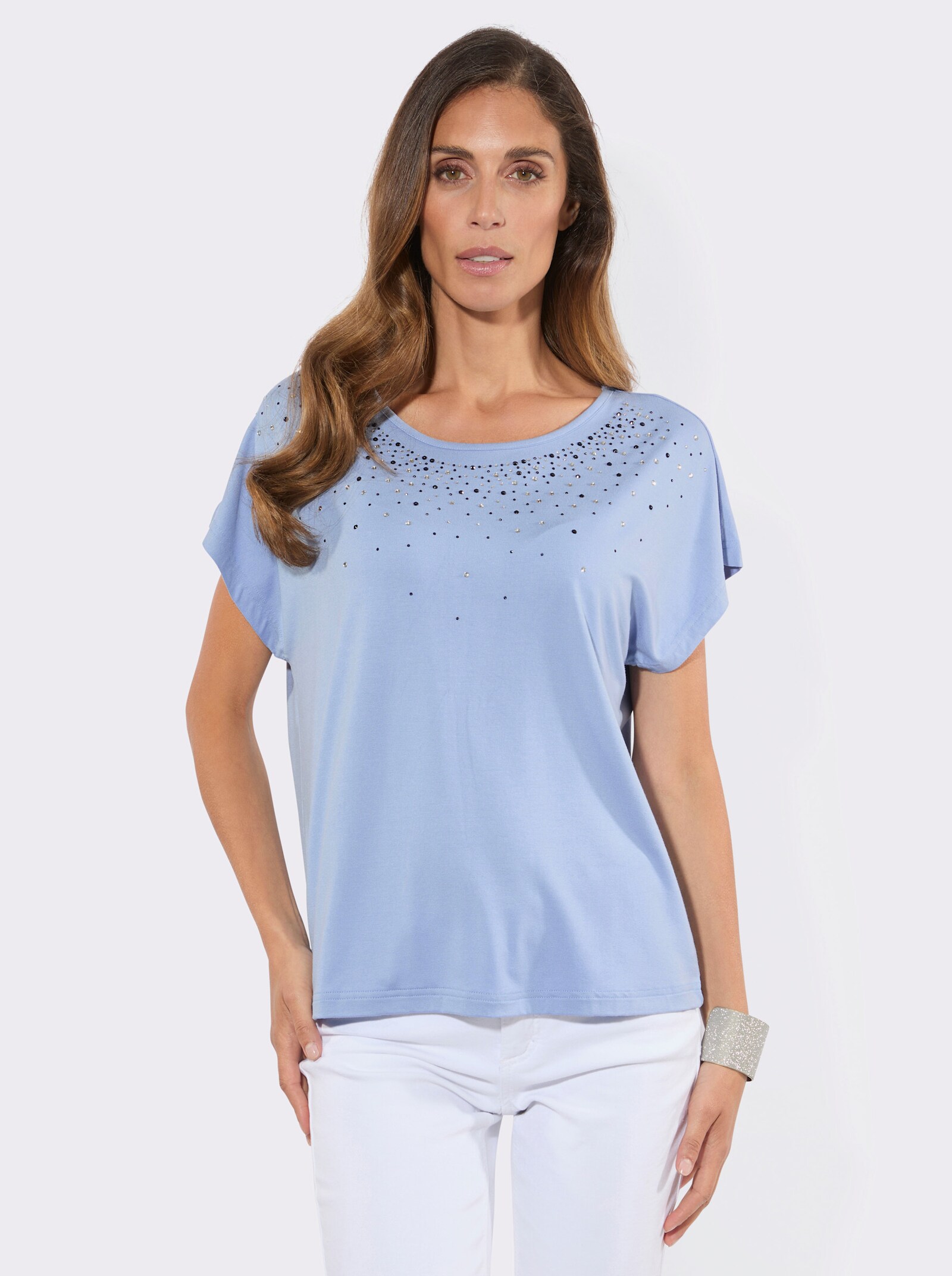 Kurzarmshirt mit funkelnden Glitzersteinchen - himmelblau