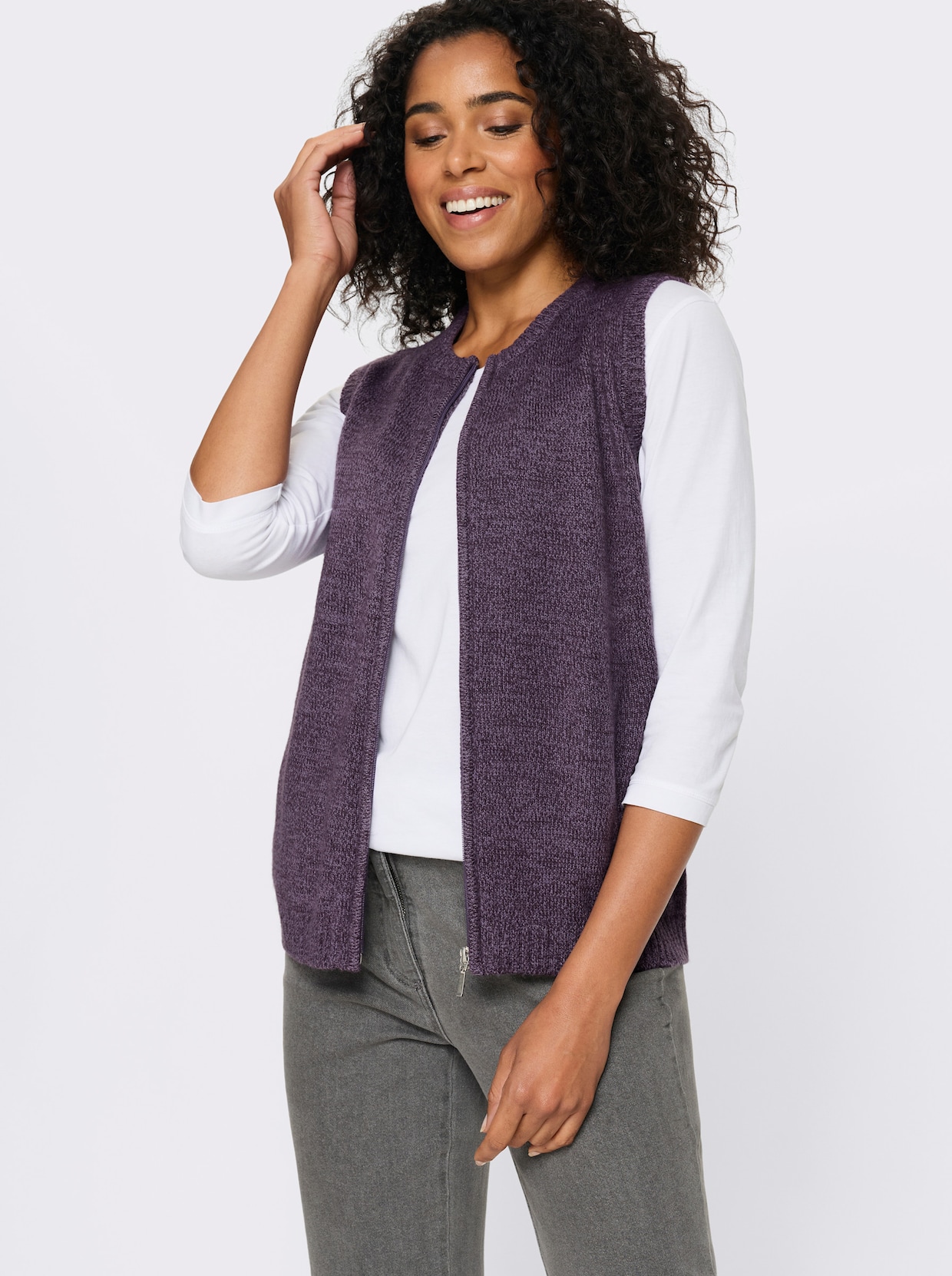 Mouwloos vest van gemêleerd garen - vijg/aubergine gemêleerd