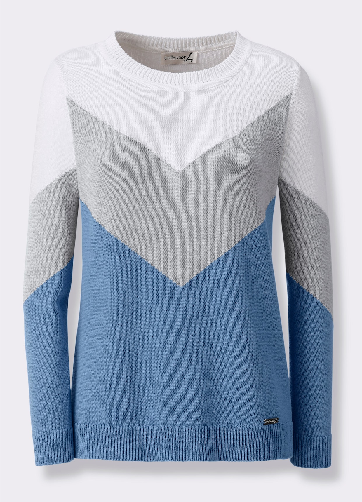 Rundhalspullover mit Colour-Blocking - mittelblau-hellgrau-meliert