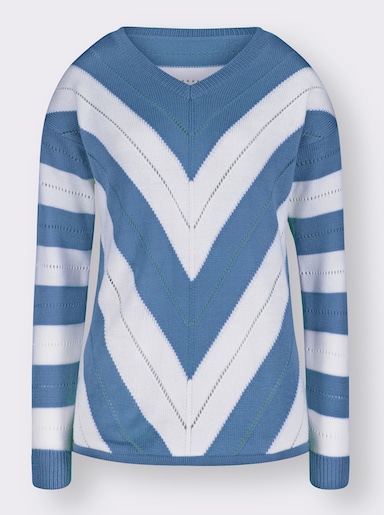 Pullover met V-hals - middenblauw gedessineerd