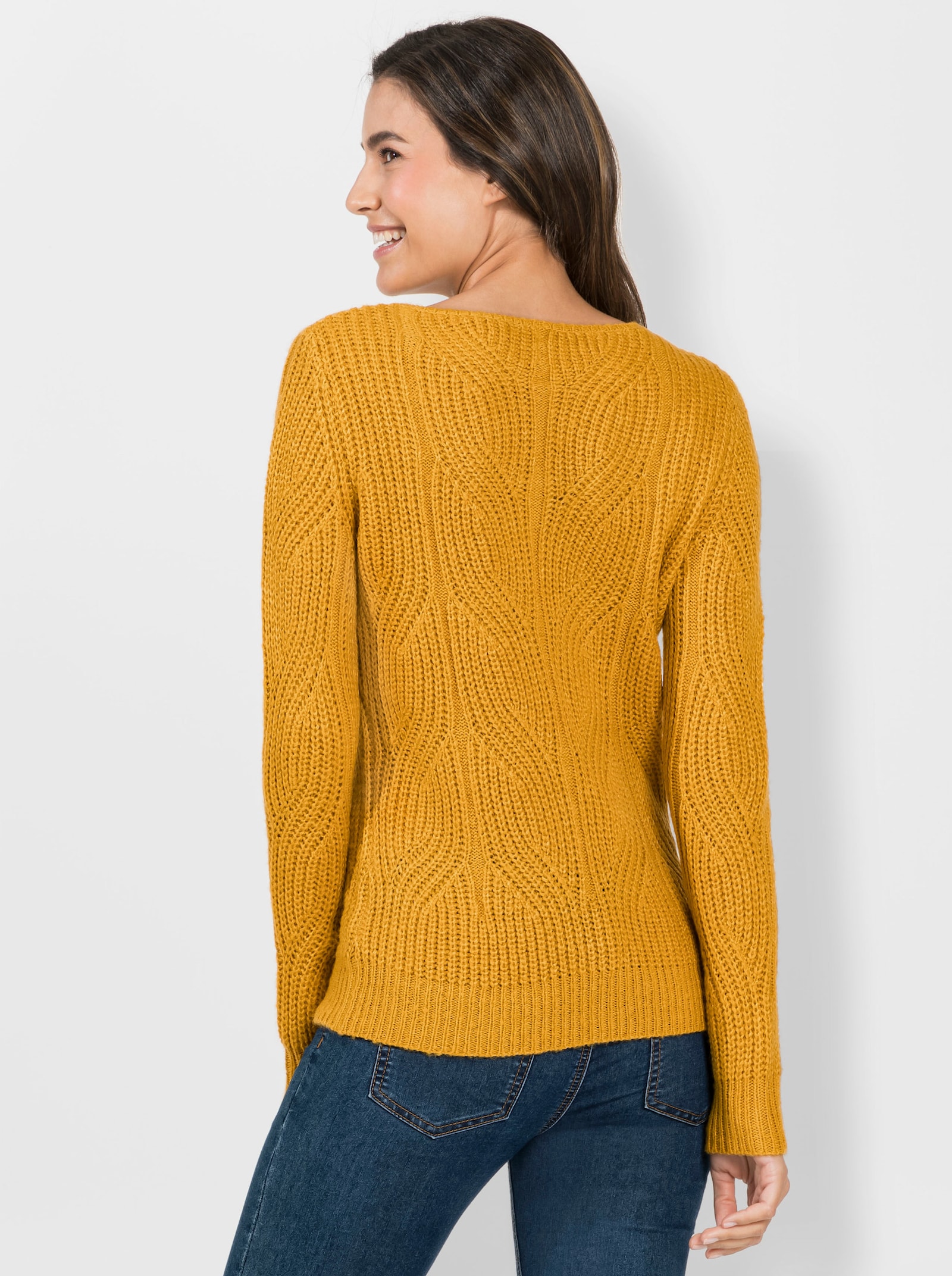 Strickpullover mit Zopfmuster - ocker-meliert