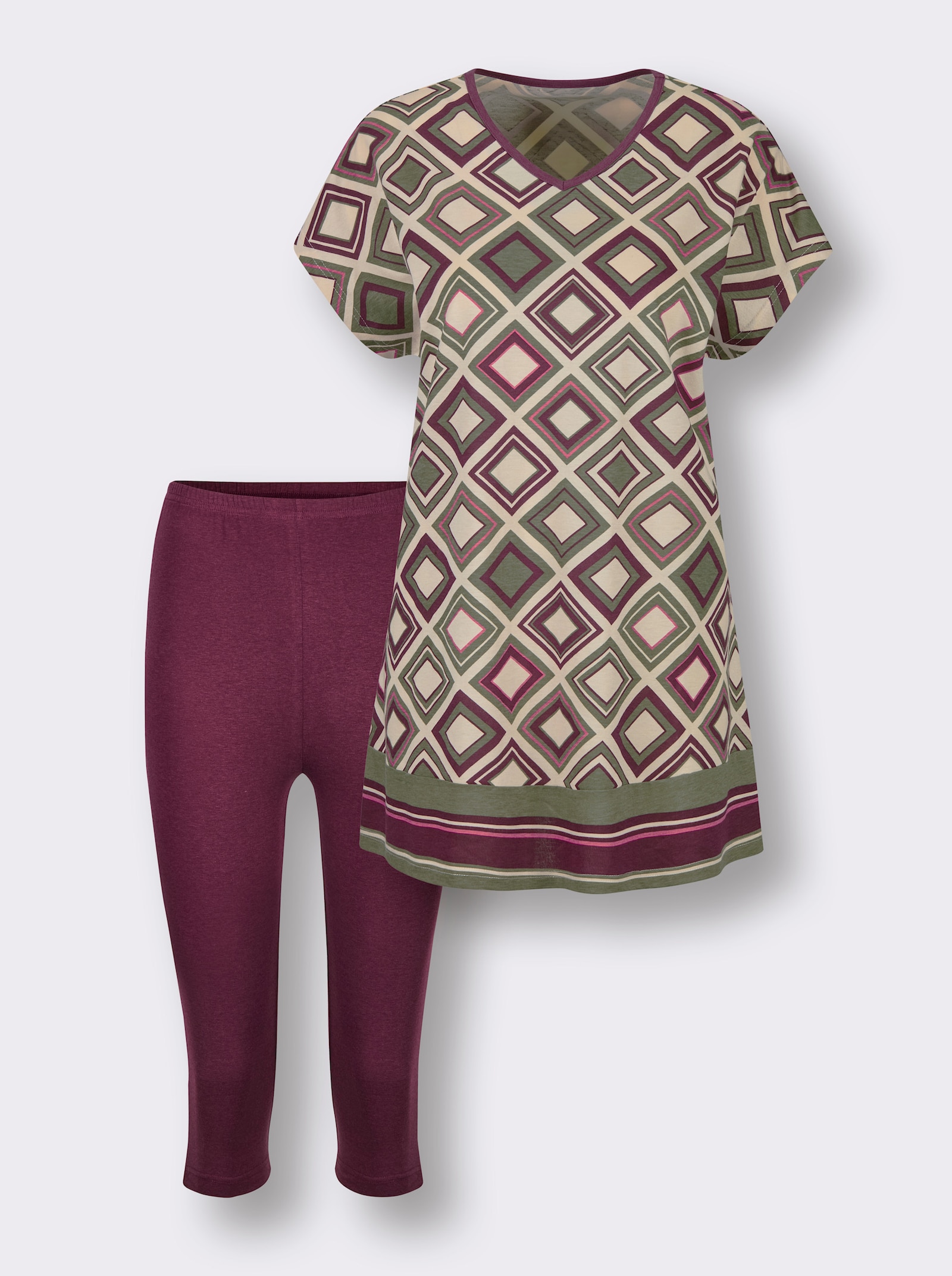 wäschepur Capri-Schlafanzug - burgund-khaki-bedruckt