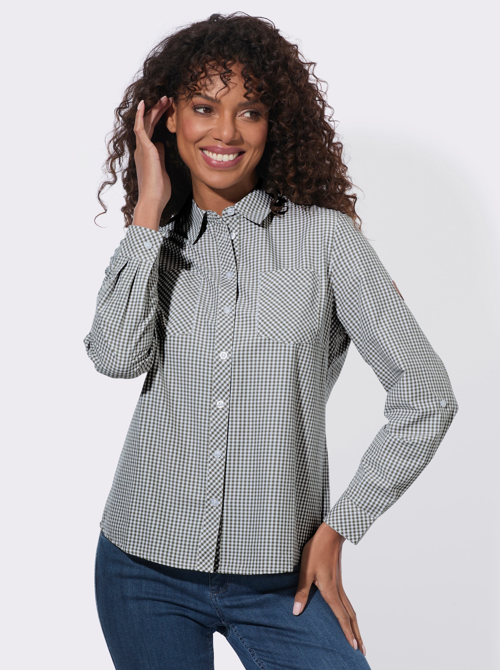  Karobluse mit Brusttaschen - khaki-weiß-kariert
