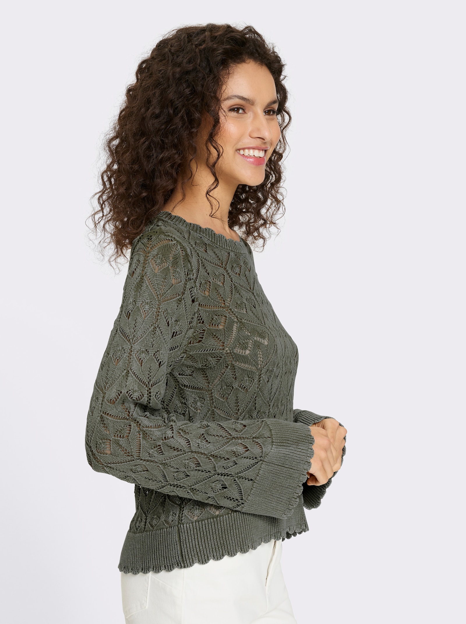 heine Ajourpullover in used-look - olijf