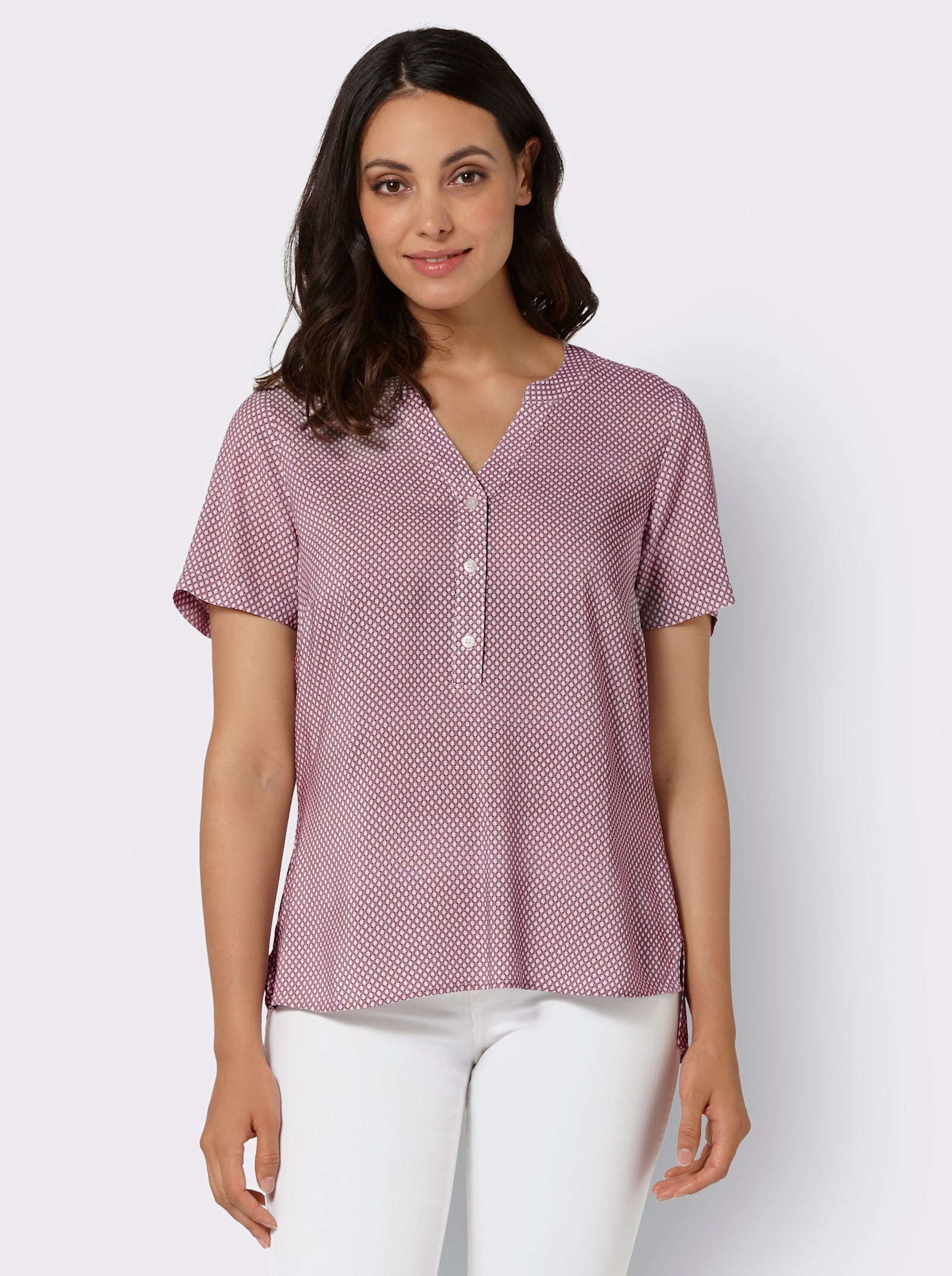 Comfortabele blouse in minimalistisch dessin, van viscose - hortensia/bessenrood bedrukt
