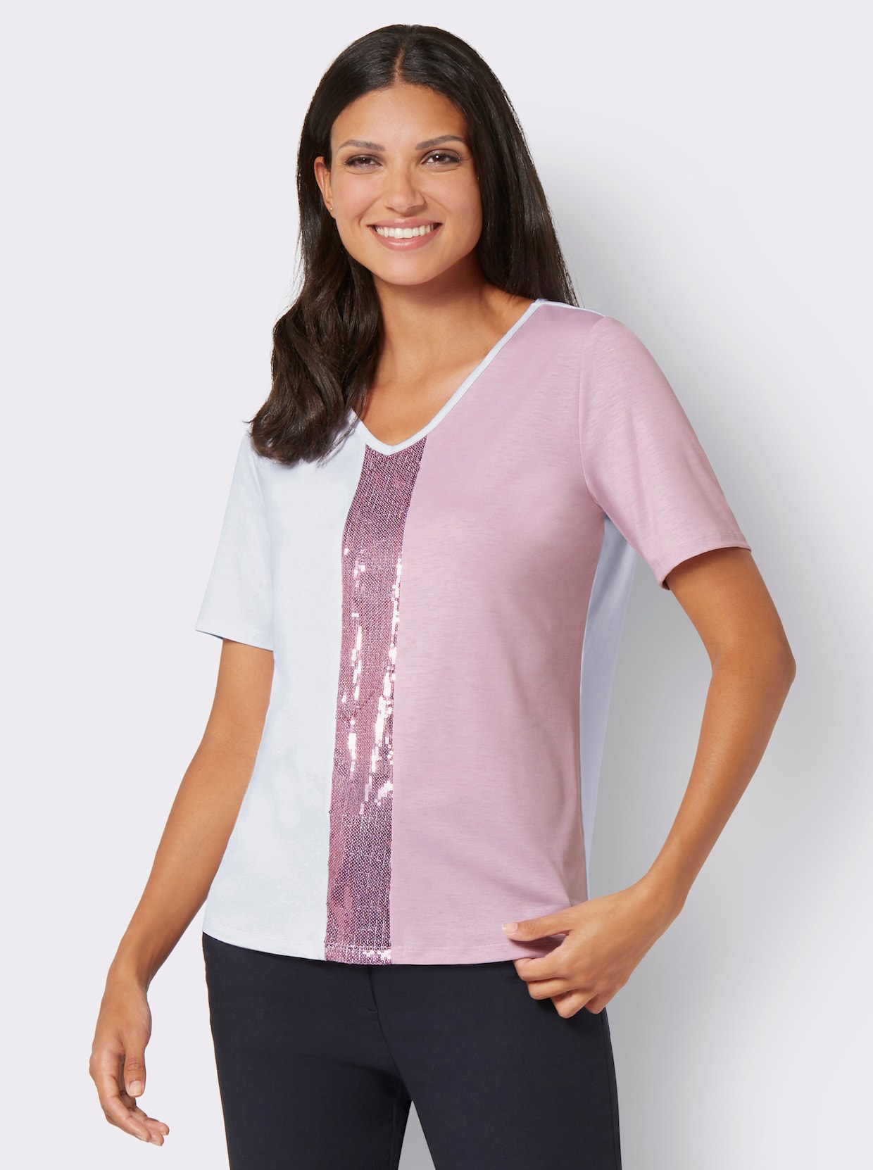 Shirt met v-hals - roze/wit