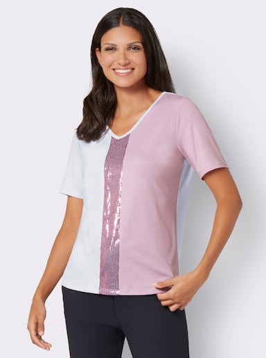 V-Shirt mit Paillettenband - rosé-weiß
