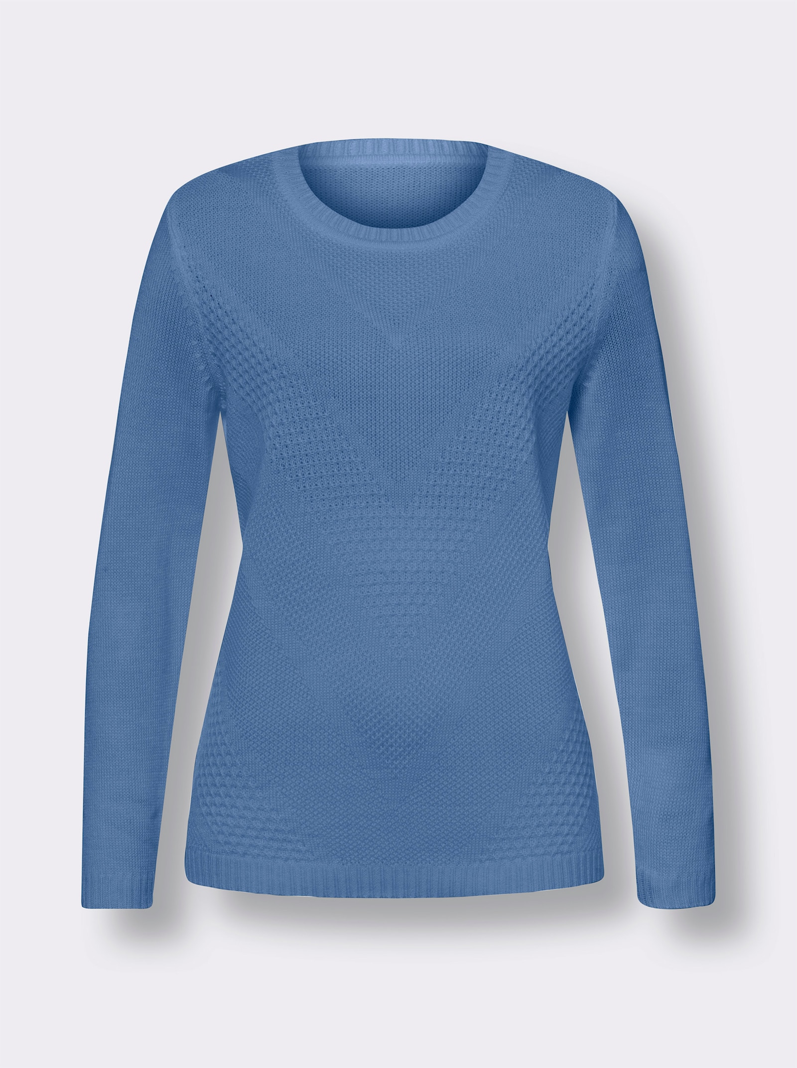 Langarm-Pullover mit Strickmuster vorne - mittelblau