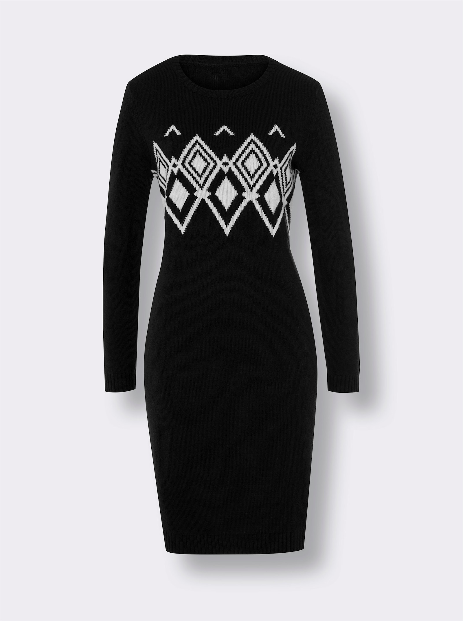 Strickkleid mit Norweger-Muster - schwarz-ecru