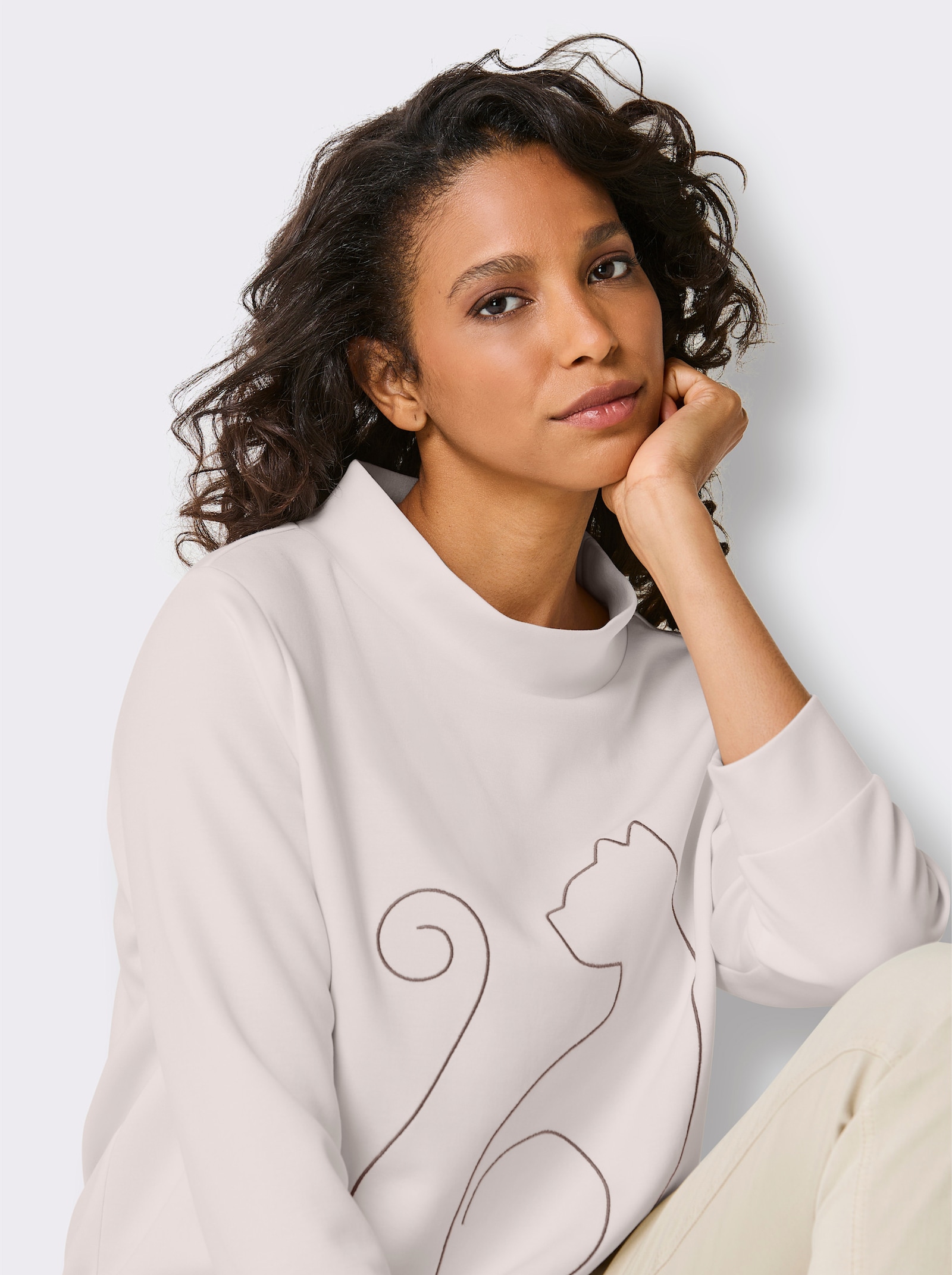 CREATION L PREMIUM Stehkragenshirt mit Kordelstickerei - ecru