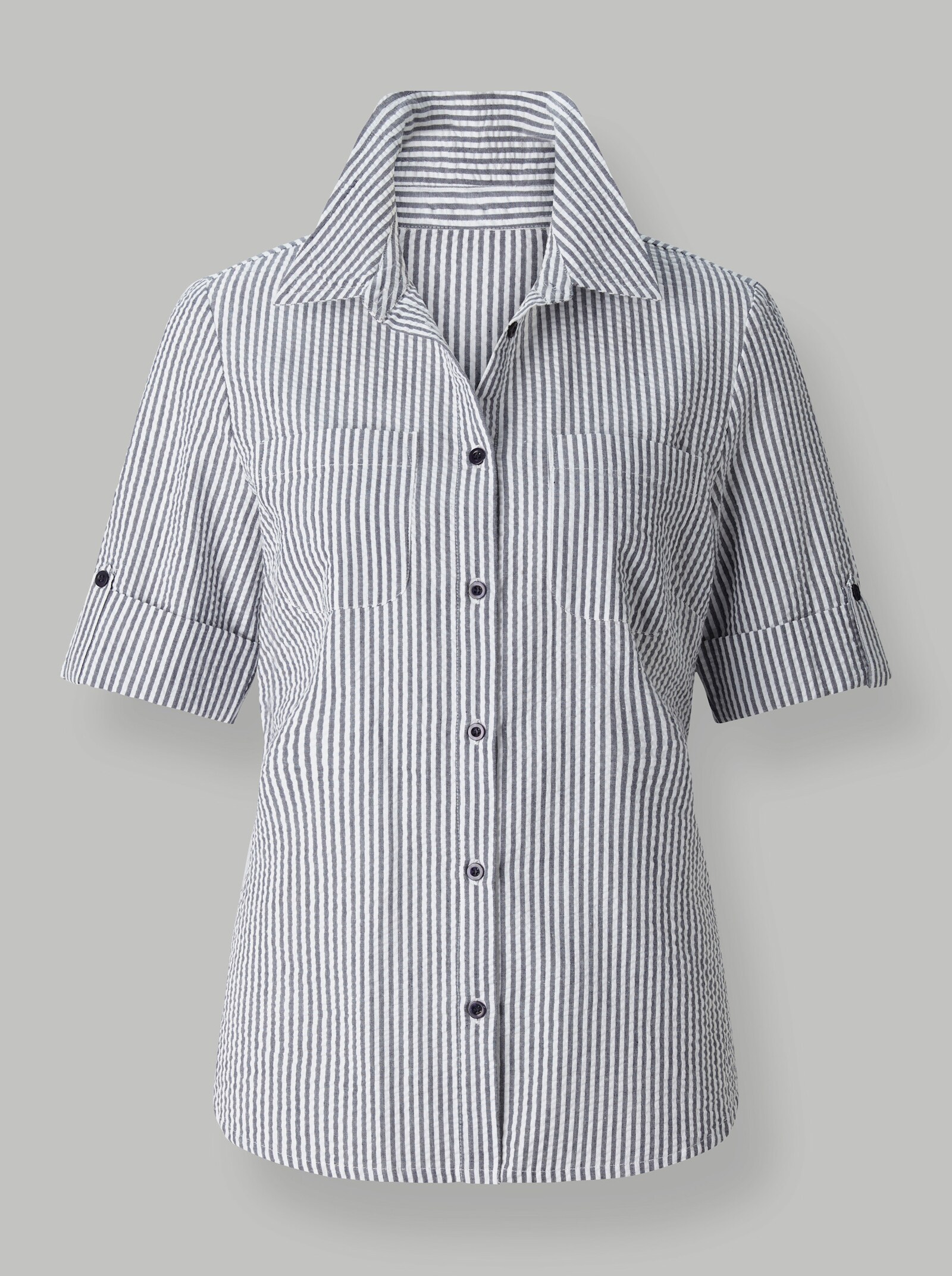 Lange blouse van katoen, seersucker - marine gestreept