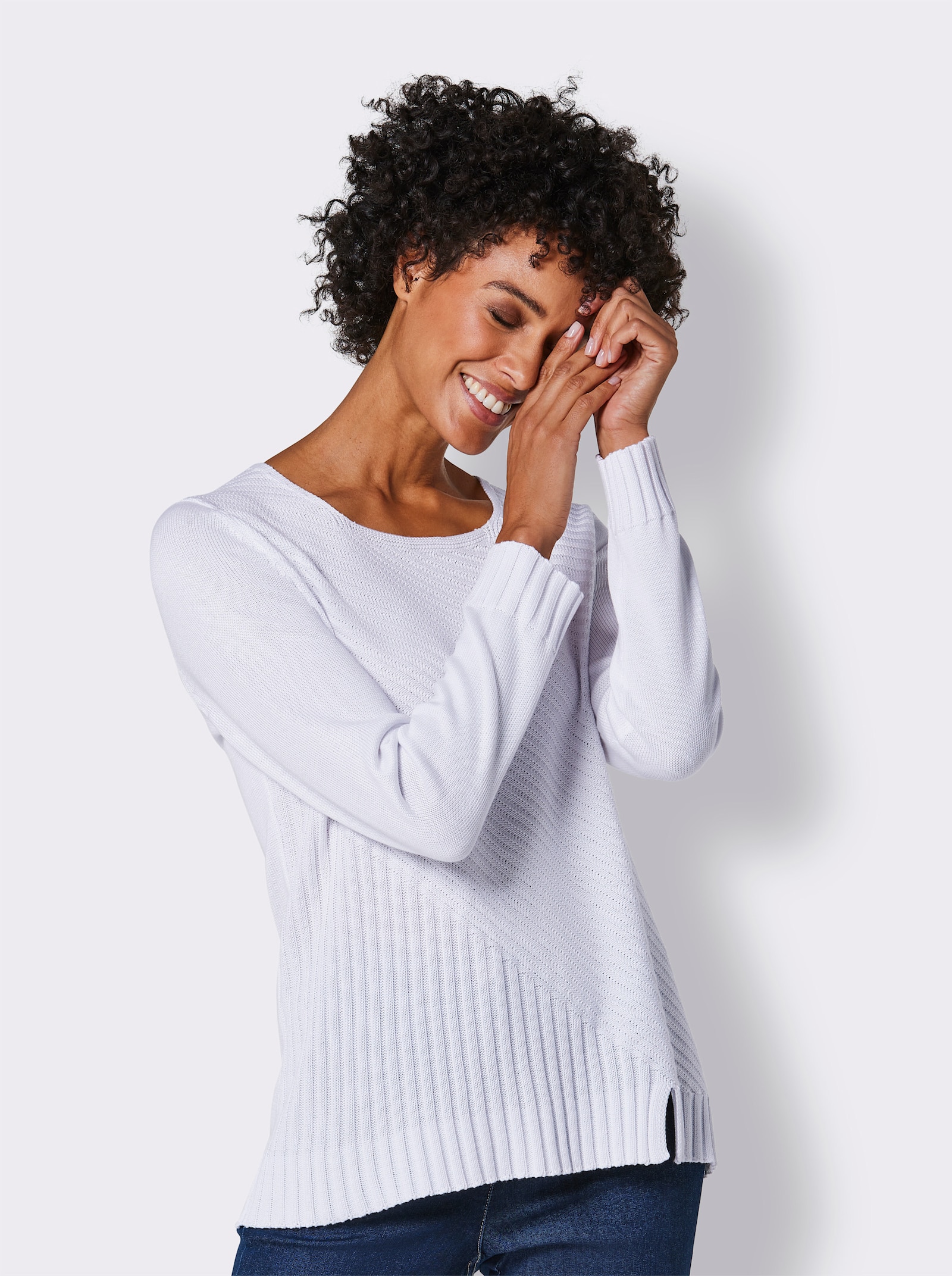 CREATION L PREMIUM Langarm-Pullover mit seitlichem Schlitz - weiß