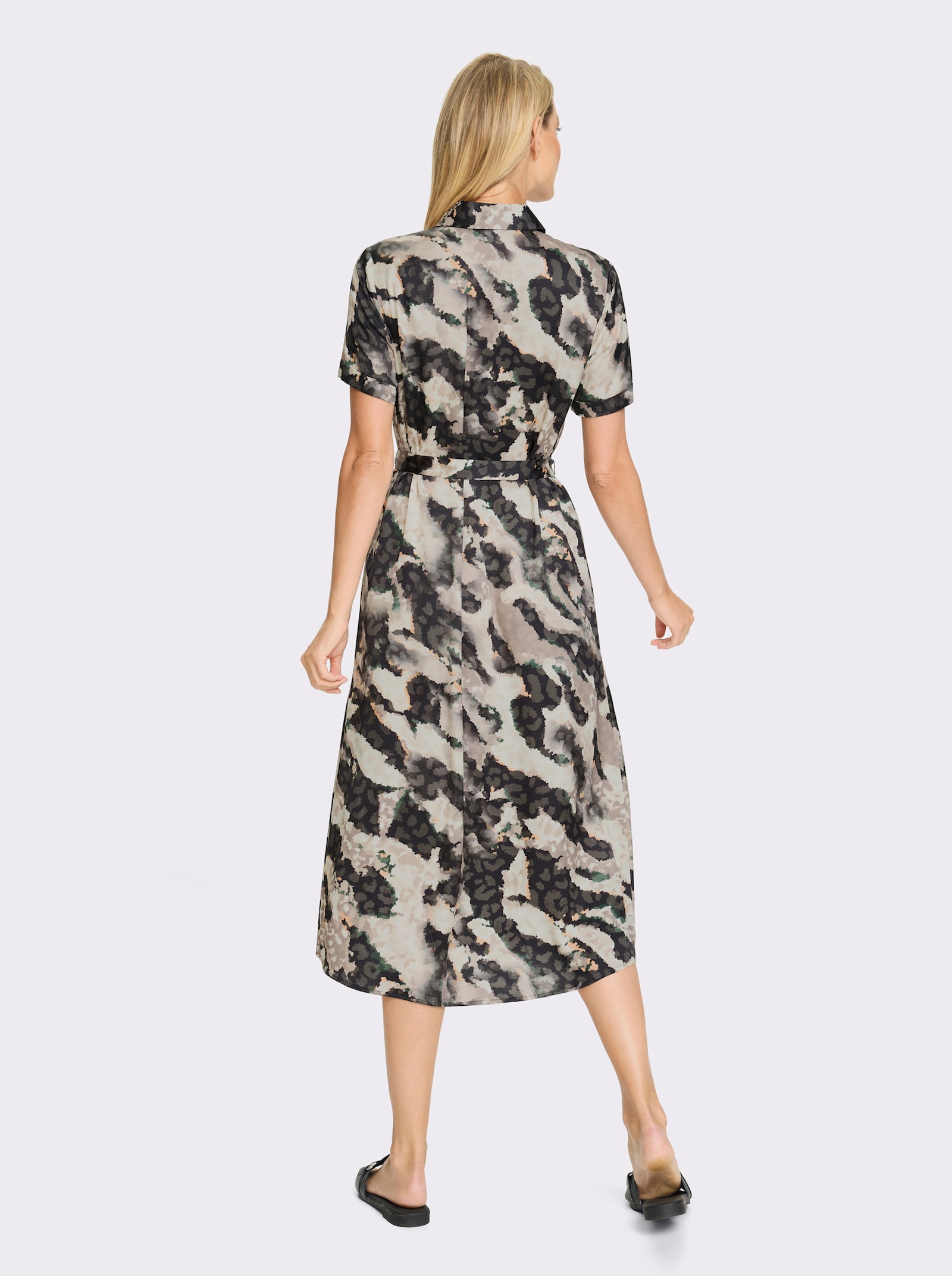 heine Hemdblusenkleid mit Bindegürtel - schwarz-champagner-bedruckt