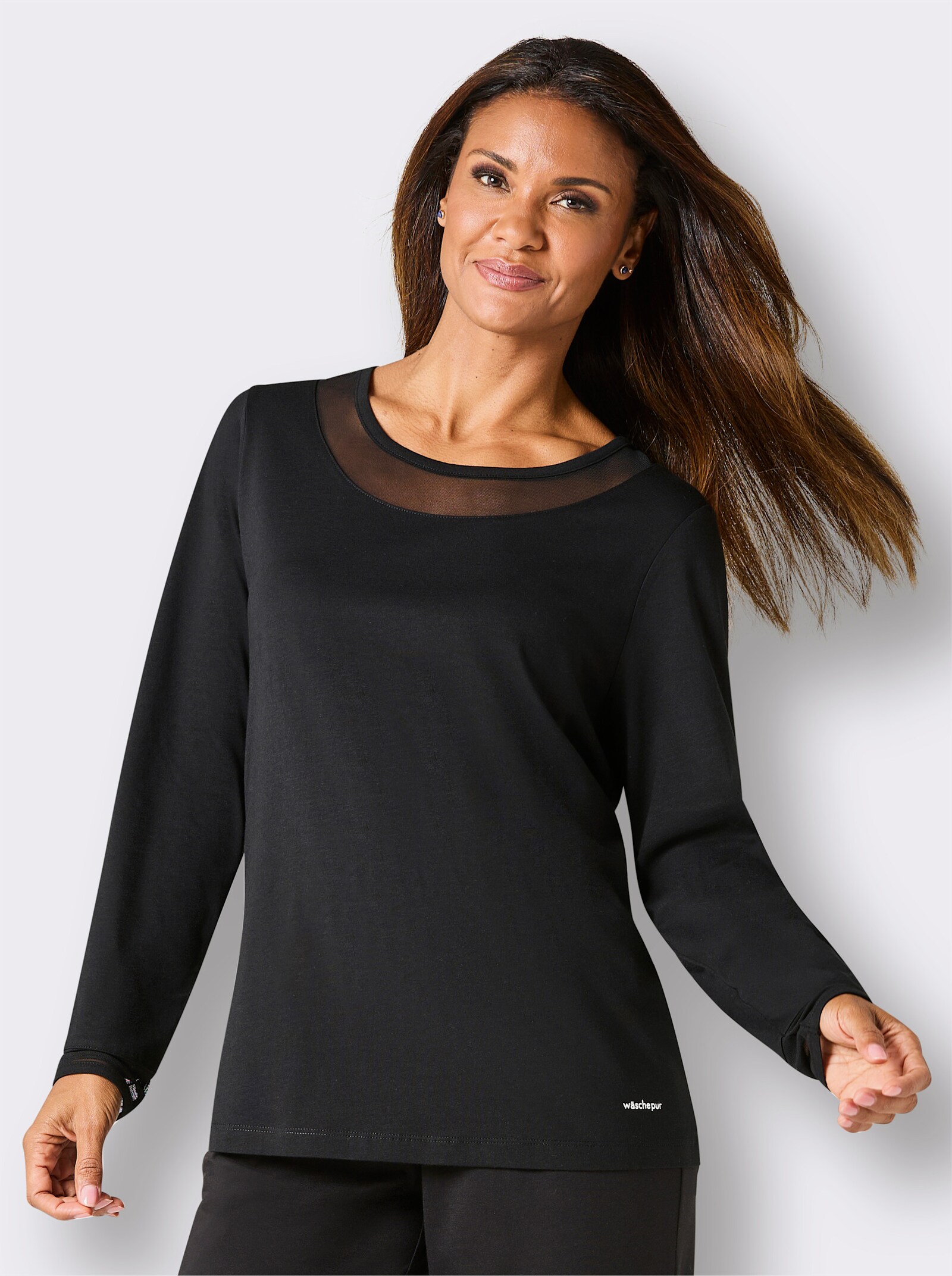 wäschepur Schlafanzugshirt mit Mesh-Details - schwarz