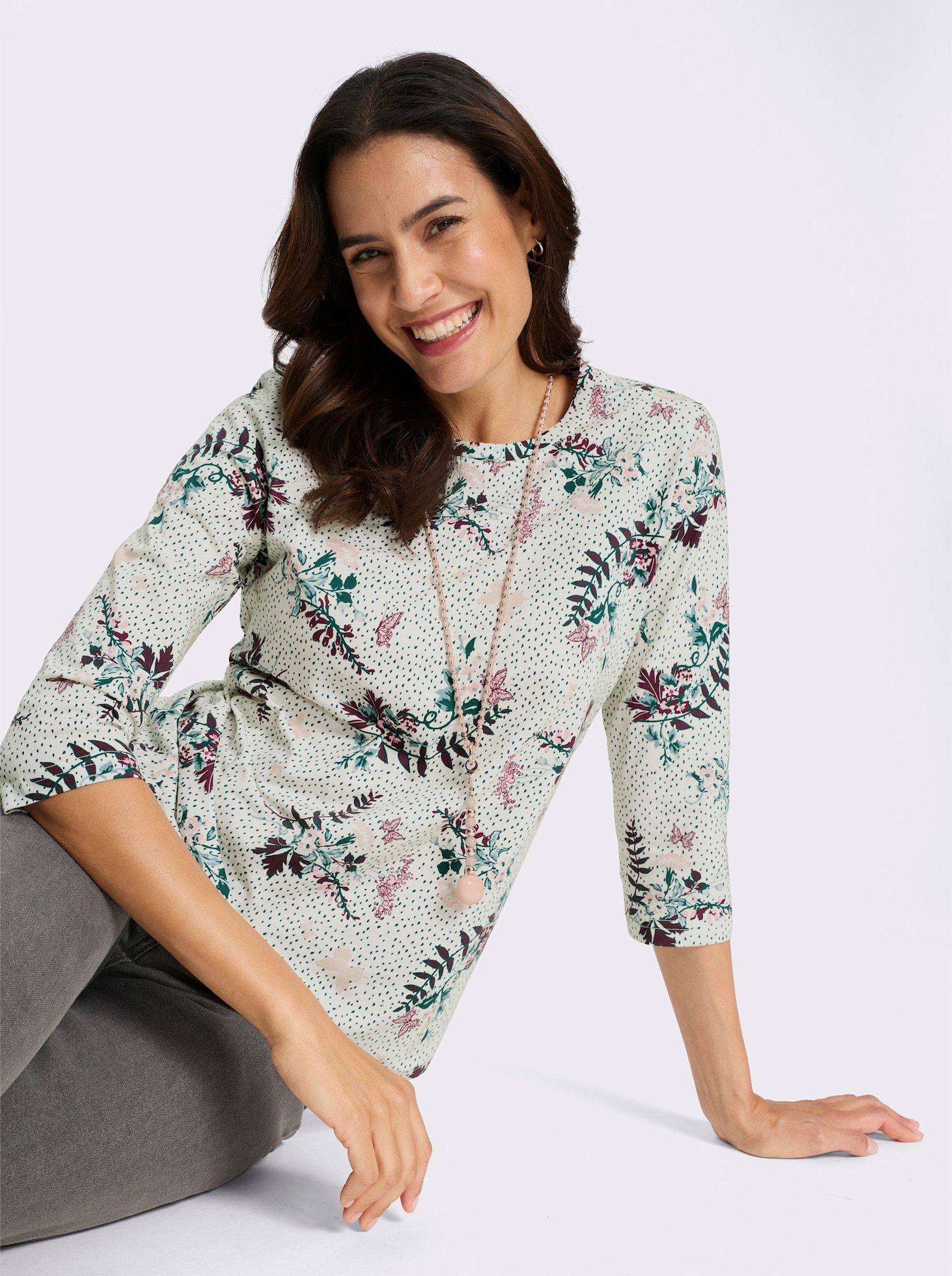 3/4-Arm-Shirt mit floralem Dessin - champagner-hortensie-bedruckt