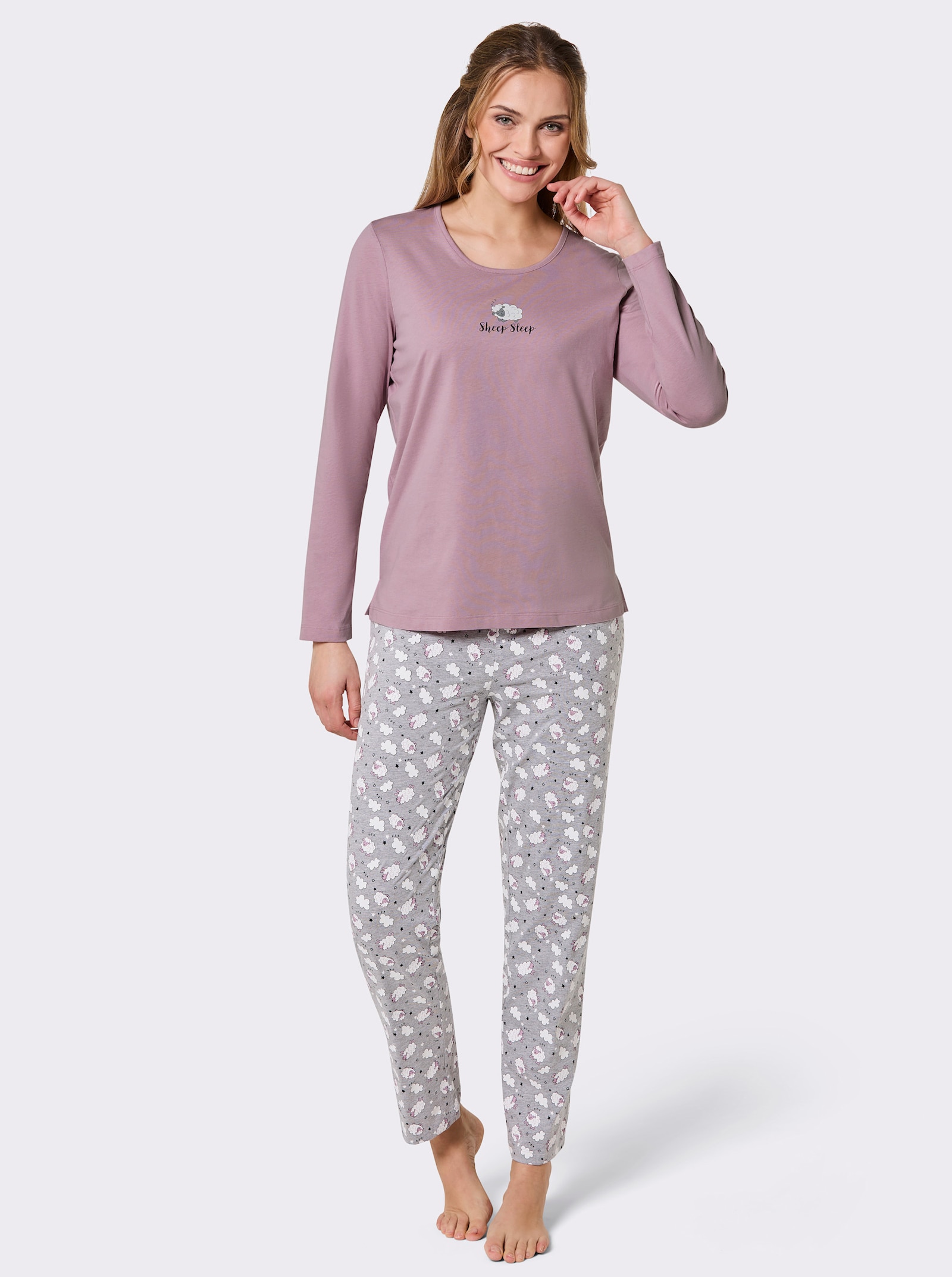 wäschepur Schlafanzüge mit Schäfchen-Print - mauve-grau-meliert + violett