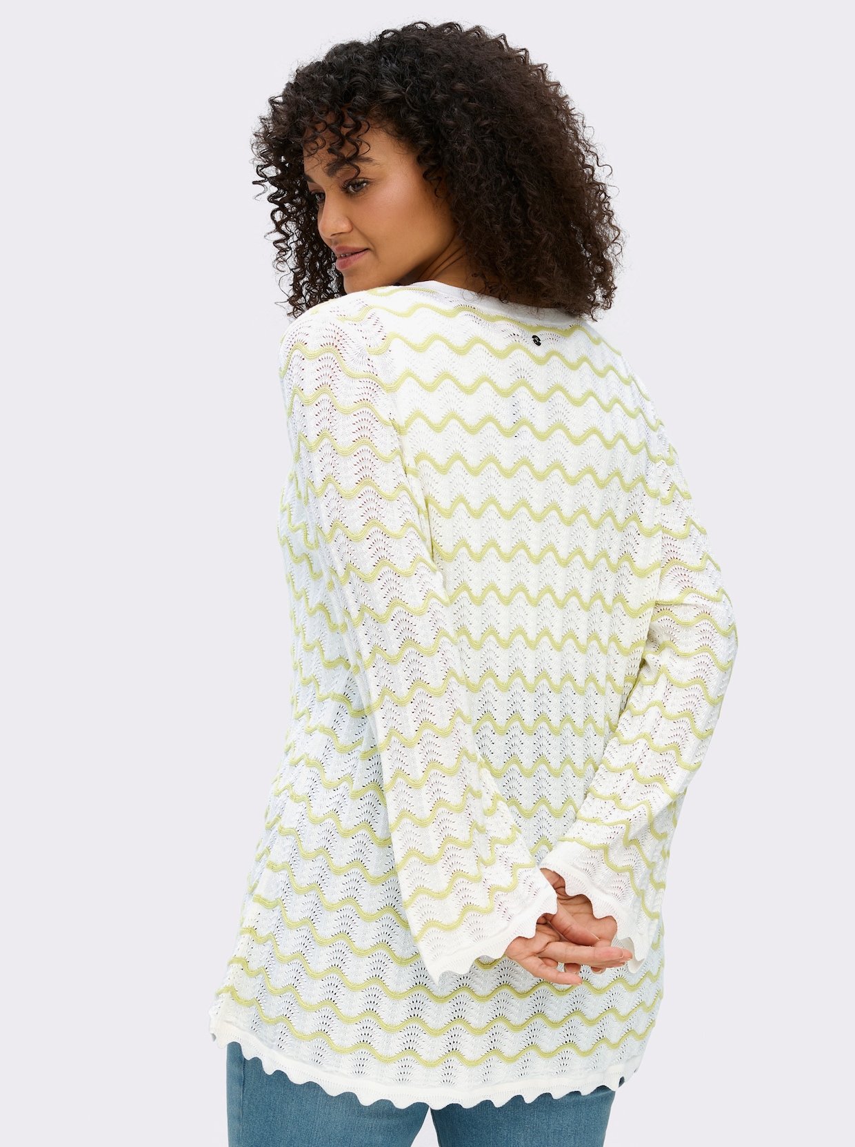 sheego Ajourstrickjacke mit Wellenmuster - ecru-pistazie