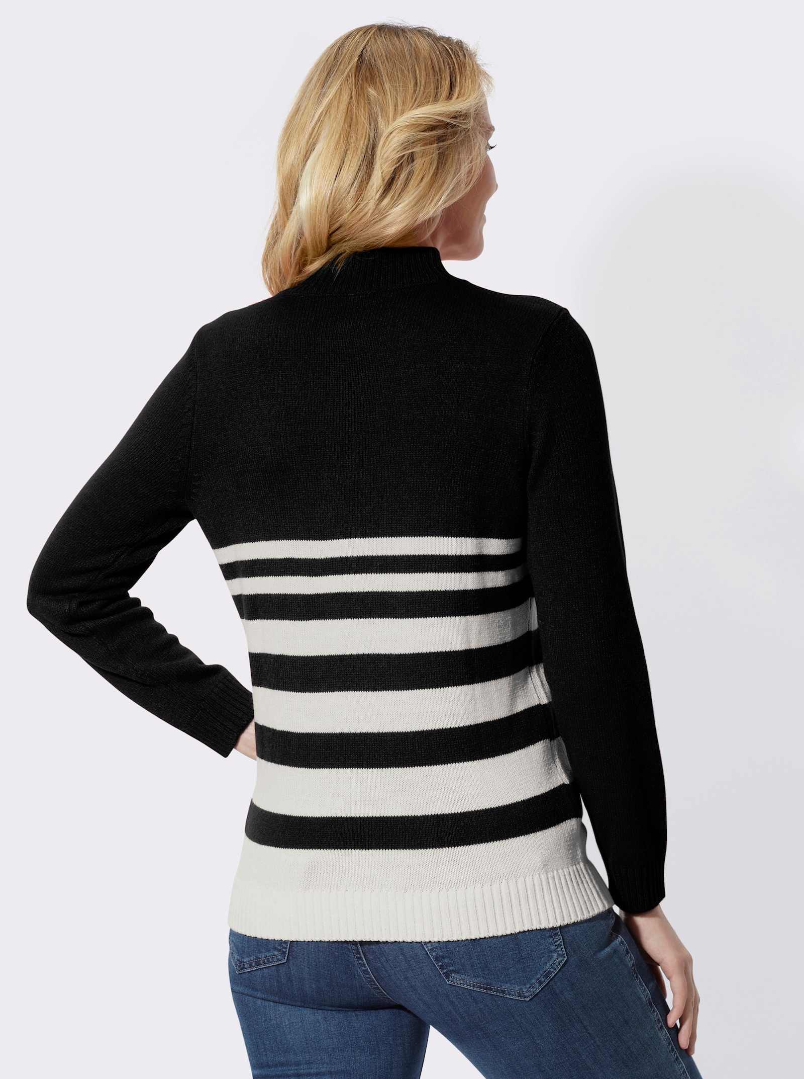 Stehkragenpullover mit Streifenmuster - schwarz-champagner-geringelt