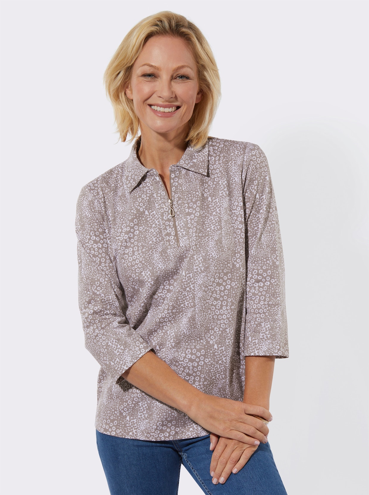 Poloshirt - taupe-weiß-bedruckt
