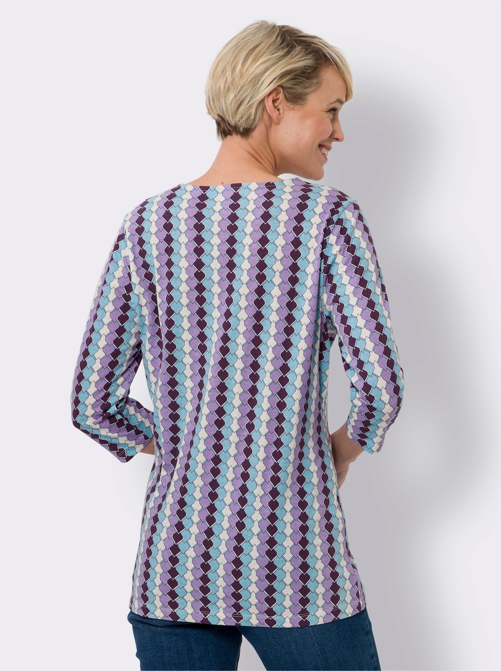 Shirt met 3/4-mouwen in langer model - lavendel/aqua bedrukt