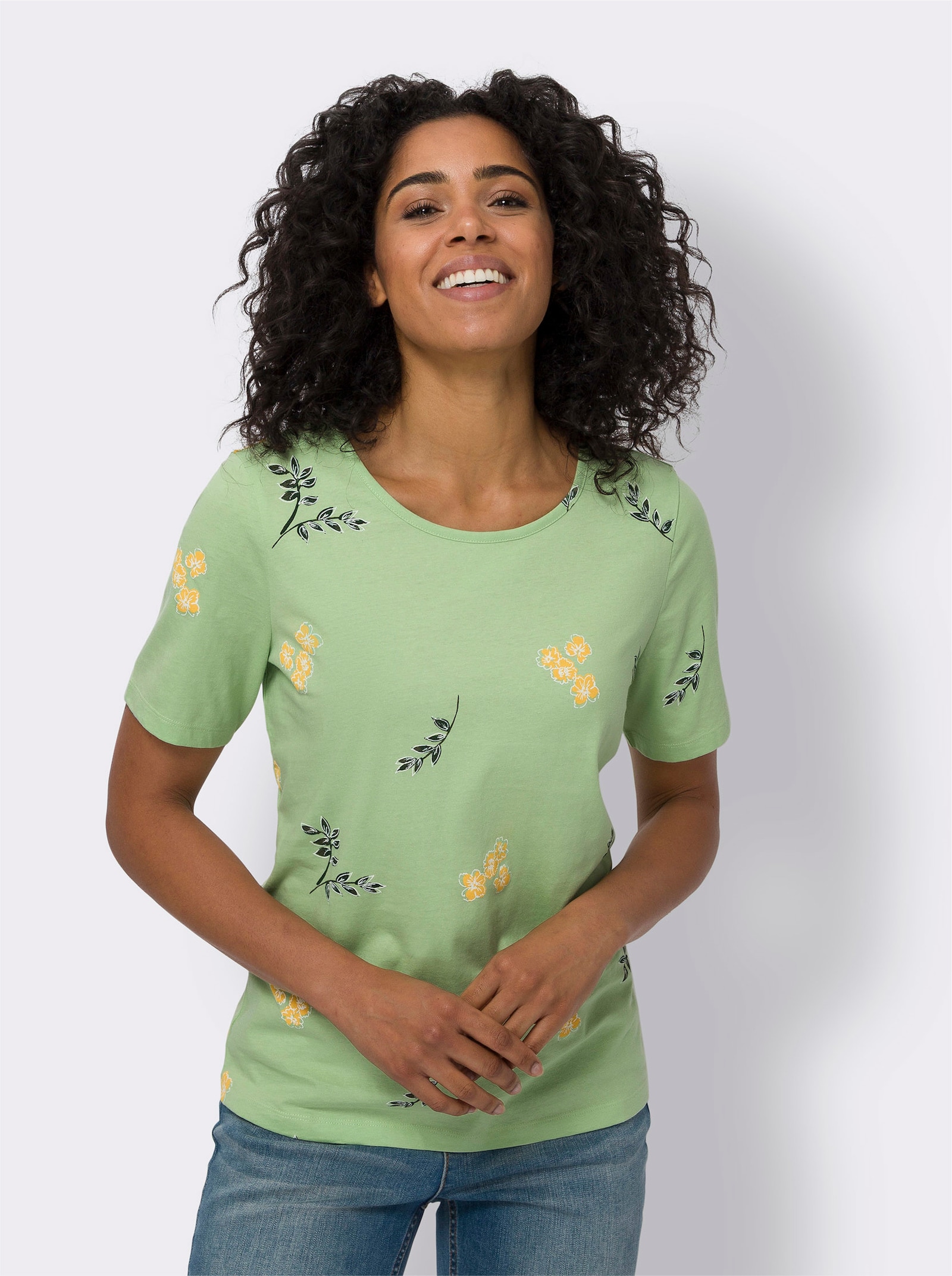 Kurzarmshirt mit Blüten- und Blätter-Print - reseda-weiss-bedruckt