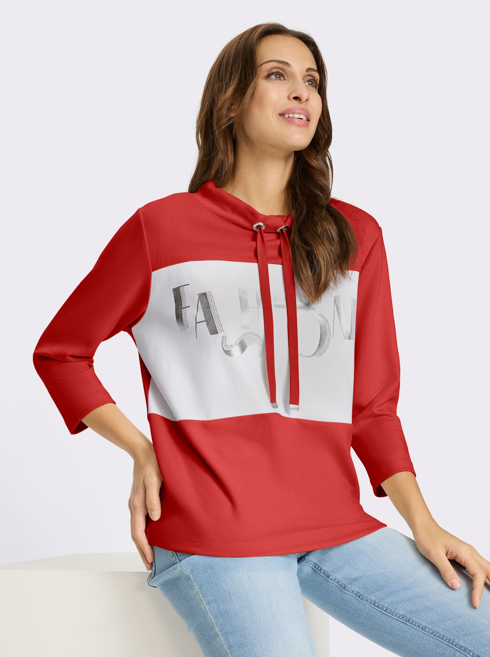 Sweatshirt mit Folienprint-Schriftzug - rot-weiß-geringelt