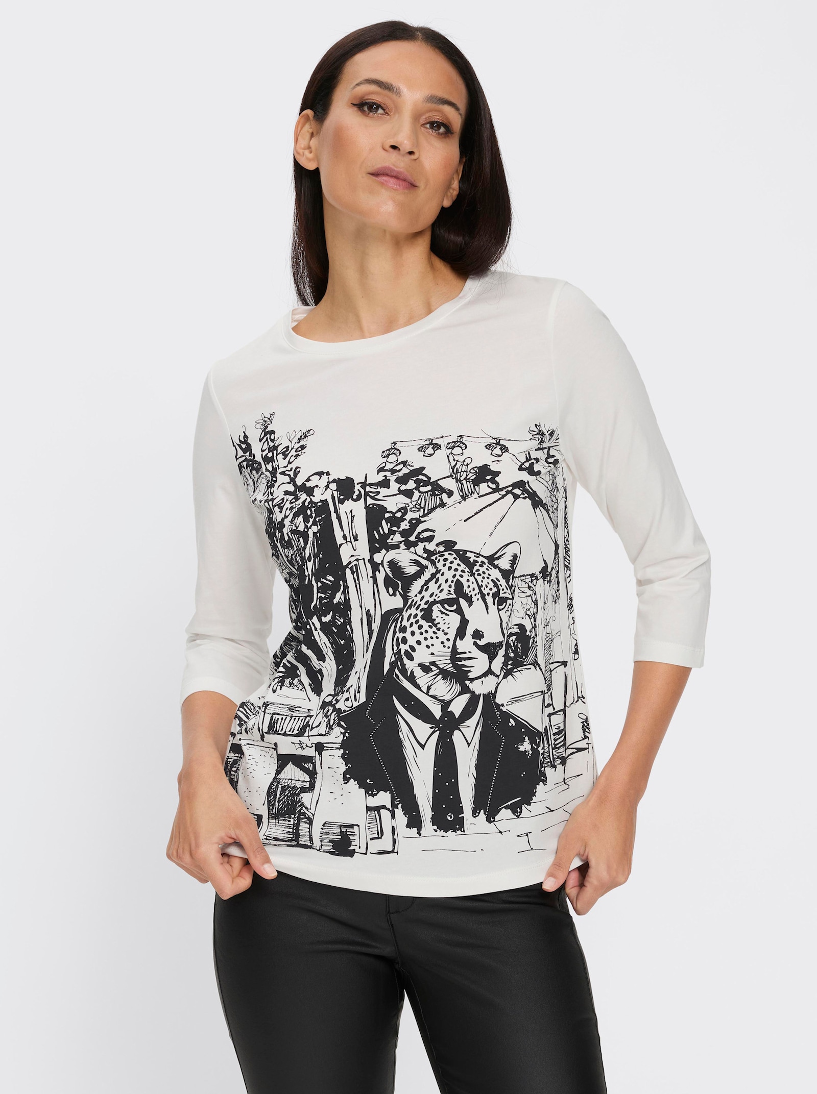 heine 3/4-Arm-Shirt mit Ziersteinen - ecru-schwarz-bedruckt