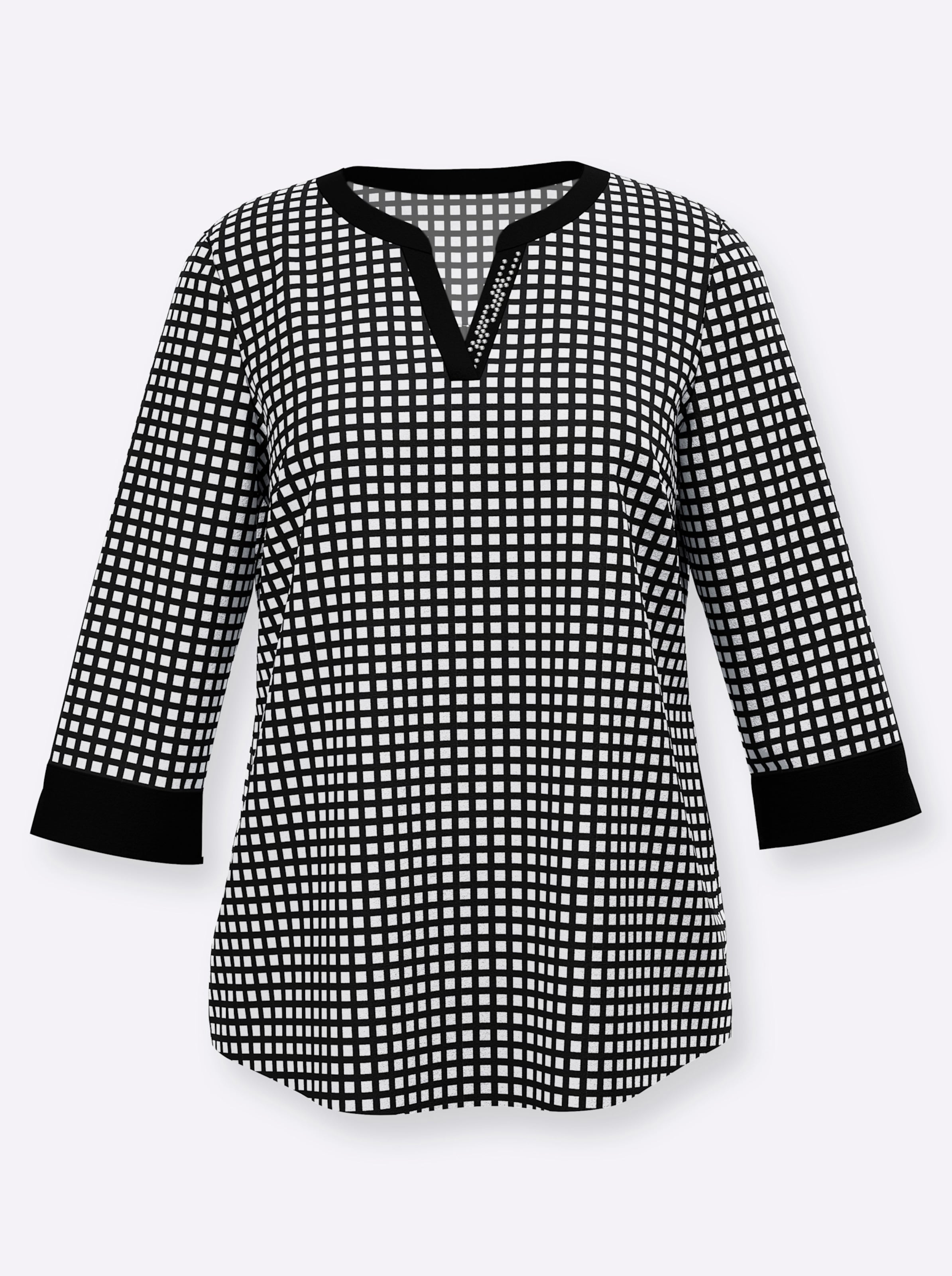 Schwarz-Ecru-Bedruckt Druckbluse